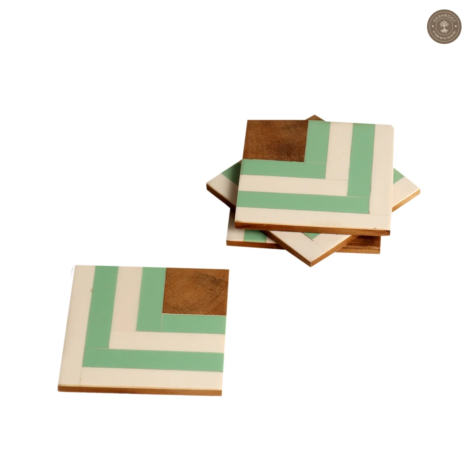 Resin Green & White Stripes Coaster Set of 4