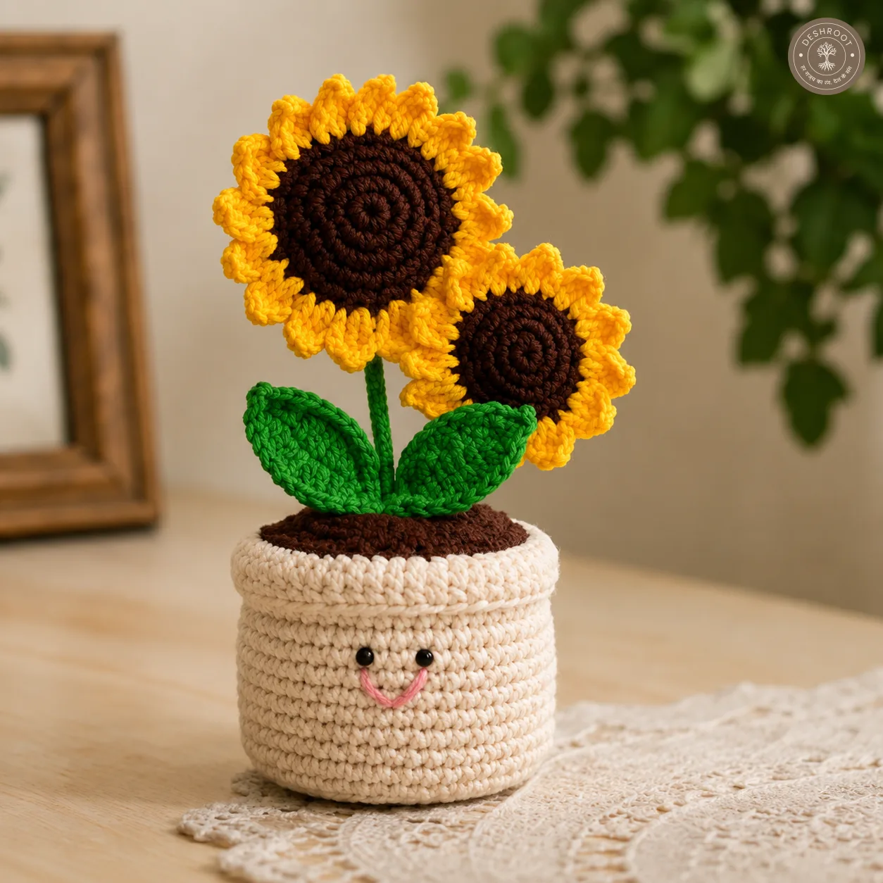Handcrafted Crochet Sunflower Mini Pot – Double Flower Table Decor