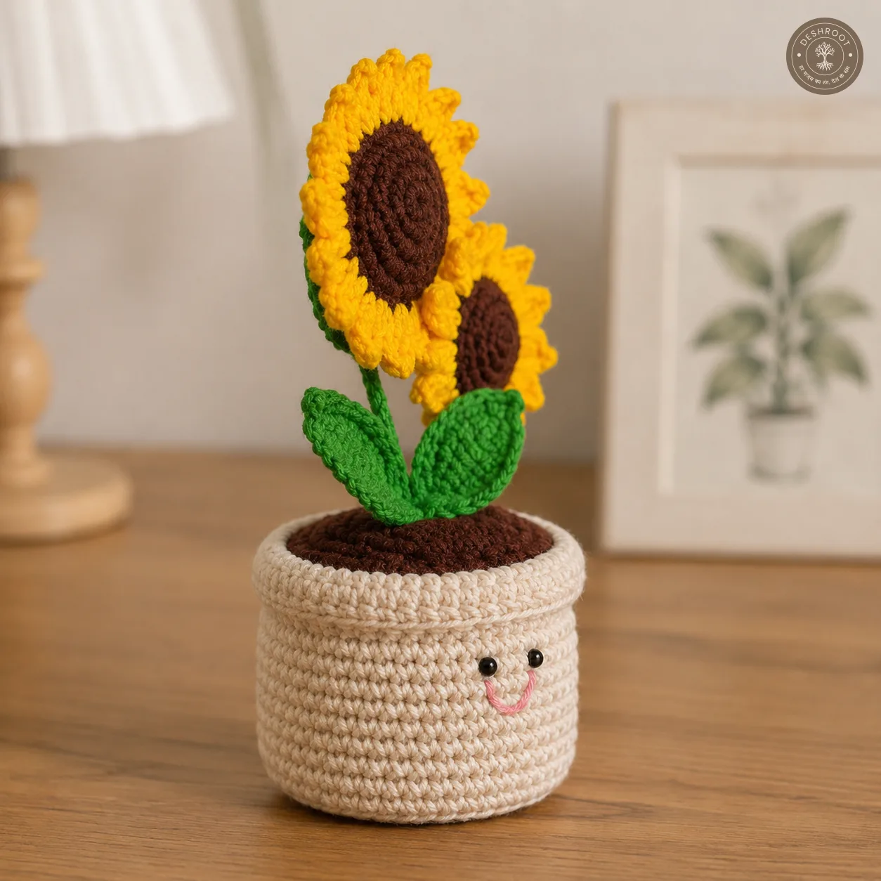 Handcrafted Crochet Sunflower Mini Pot – Double Flower Table Decor
