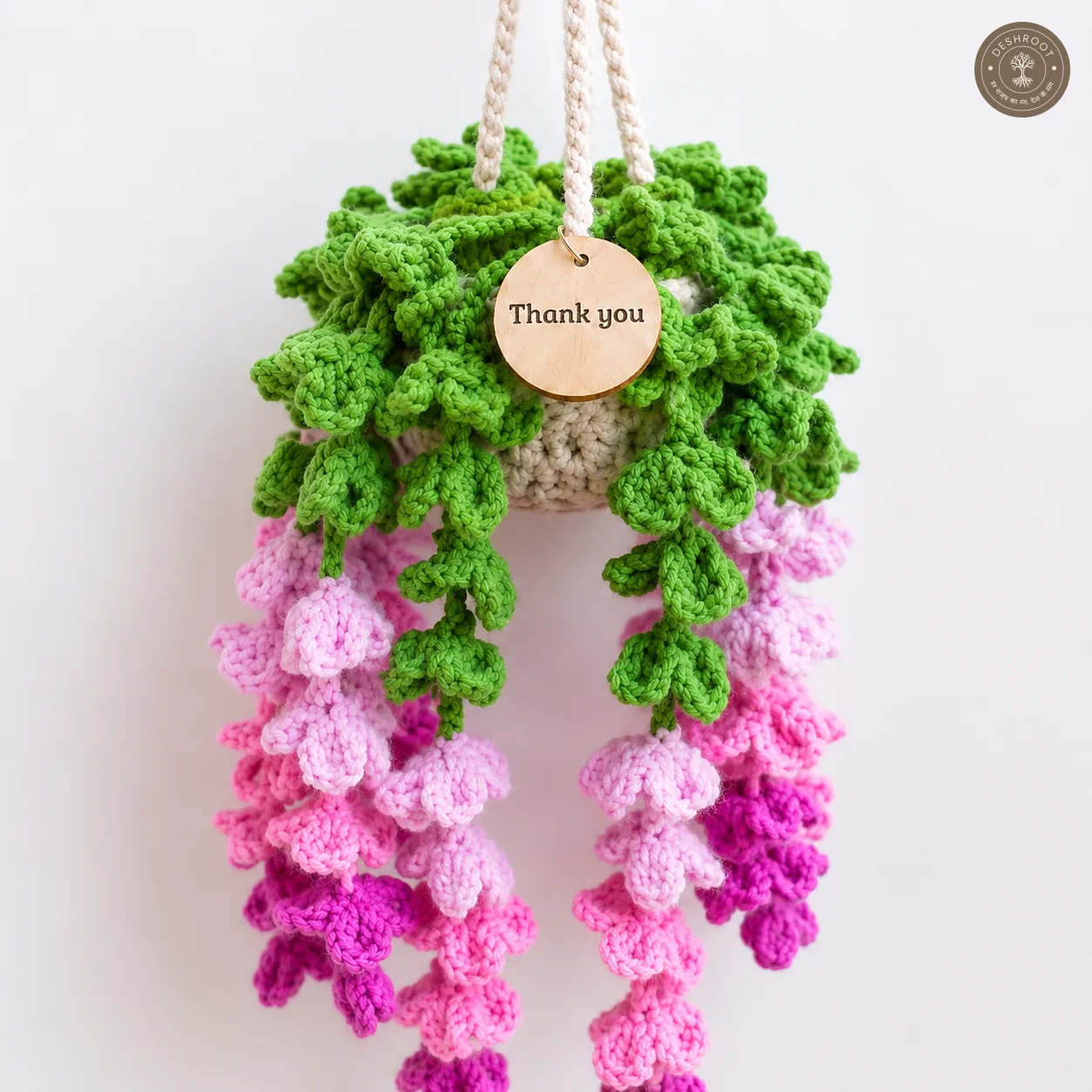 Handcrafted Crochet Hanging Flower Basket with Pink and Purple Cascading Blooms