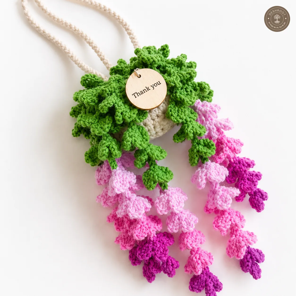 Handcrafted Crochet Hanging Flower Basket with Pink and Purple Cascading Blooms