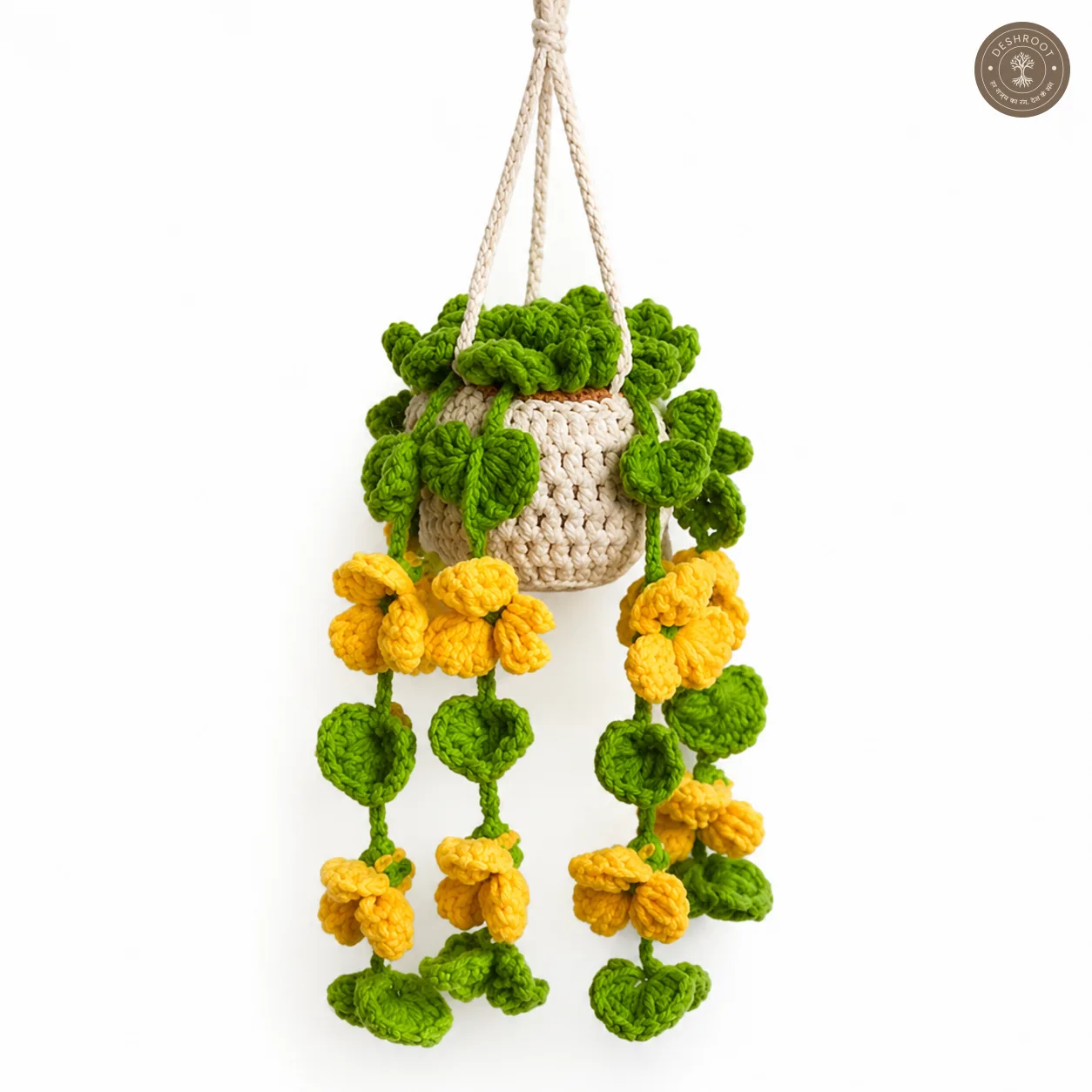 Handcrafted Crochet Hanging Flower Pot with Yellow Blooms and Green Foliage