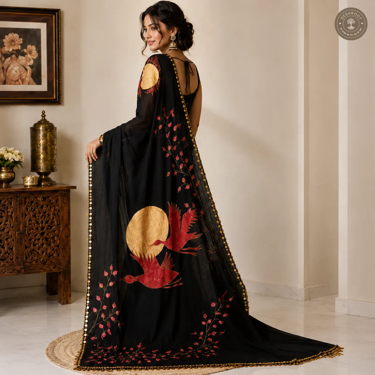 Hand-Painted Bird & Moon Saree with Golden Coin lace