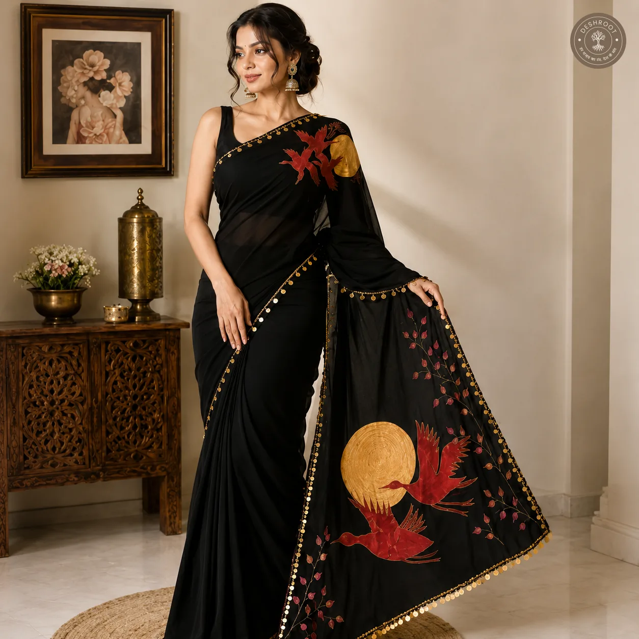 Hand-Painted Bird & Moon Saree with Golden Coin lace