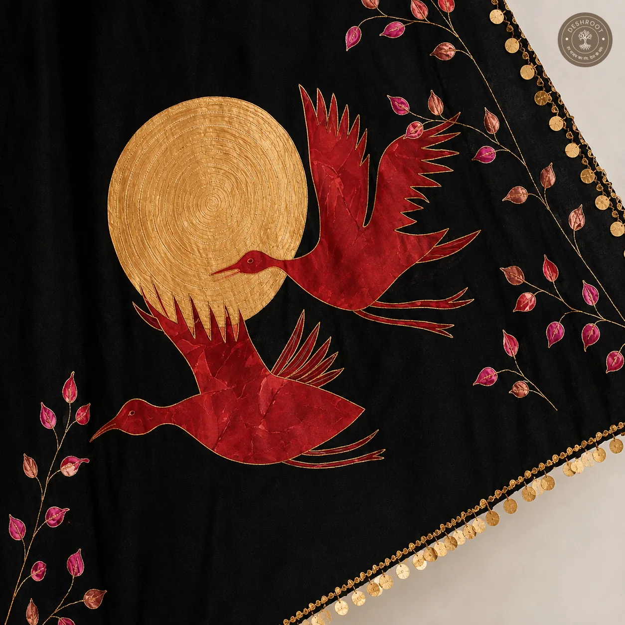 Hand-Painted Bird & Moon Saree with Golden Coin lace