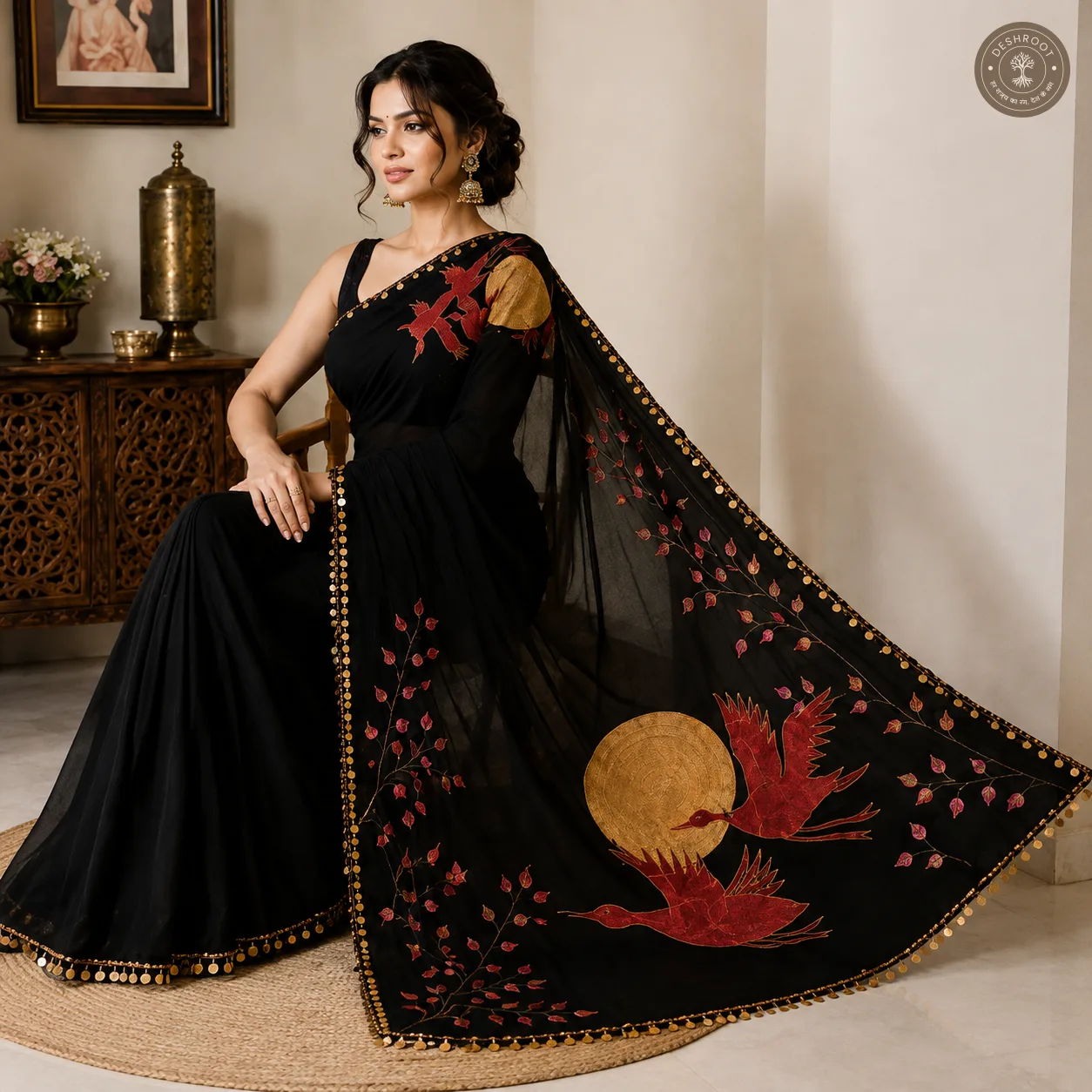 Hand-Painted Bird & Moon Saree with Golden Coin lace
