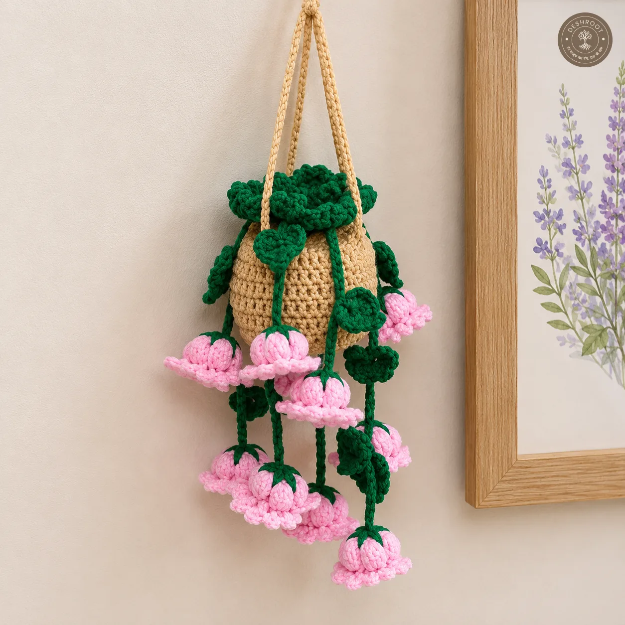 Handcrafted Crochet Hanging Flower Basket – Pink Blossom Vine
