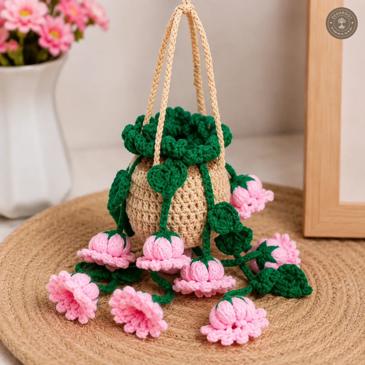 Handcrafted Crochet Hanging Flower Basket – Pink Blossom Vine