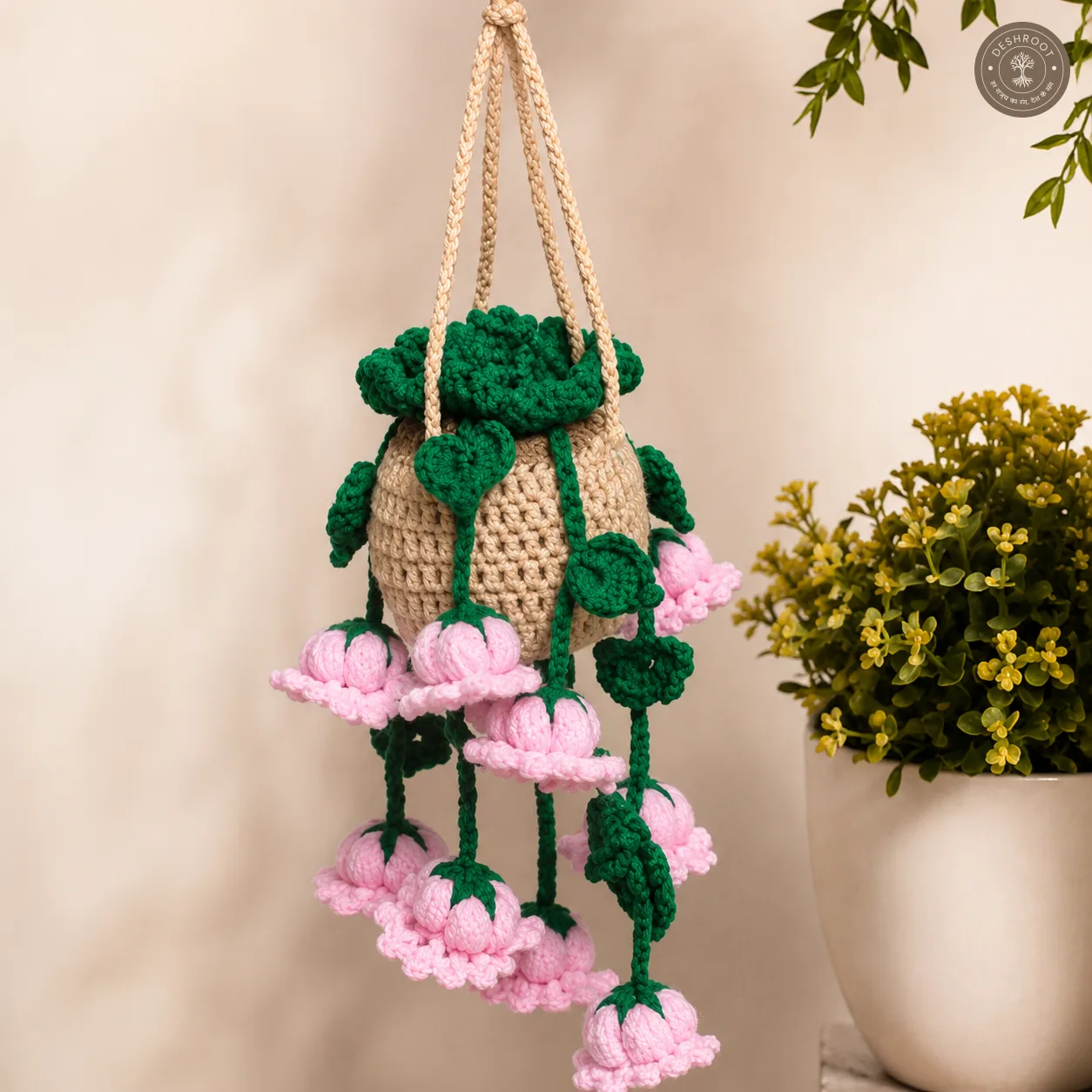 Handcrafted Crochet Hanging Flower Basket – Pink Blossom Vine