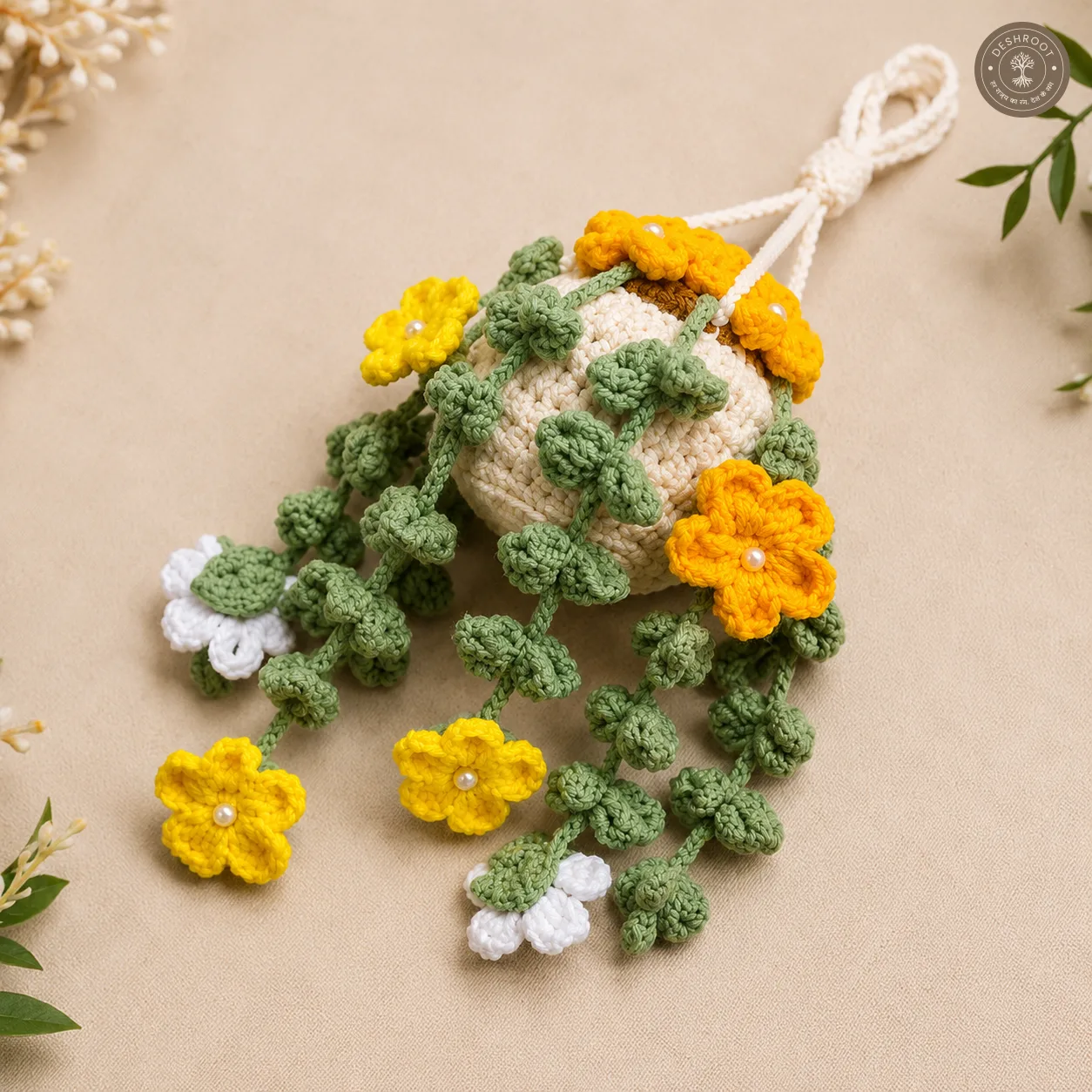 Handcrafted Crochet Hanging Flower Basket – Yellow Floral Vine Design
