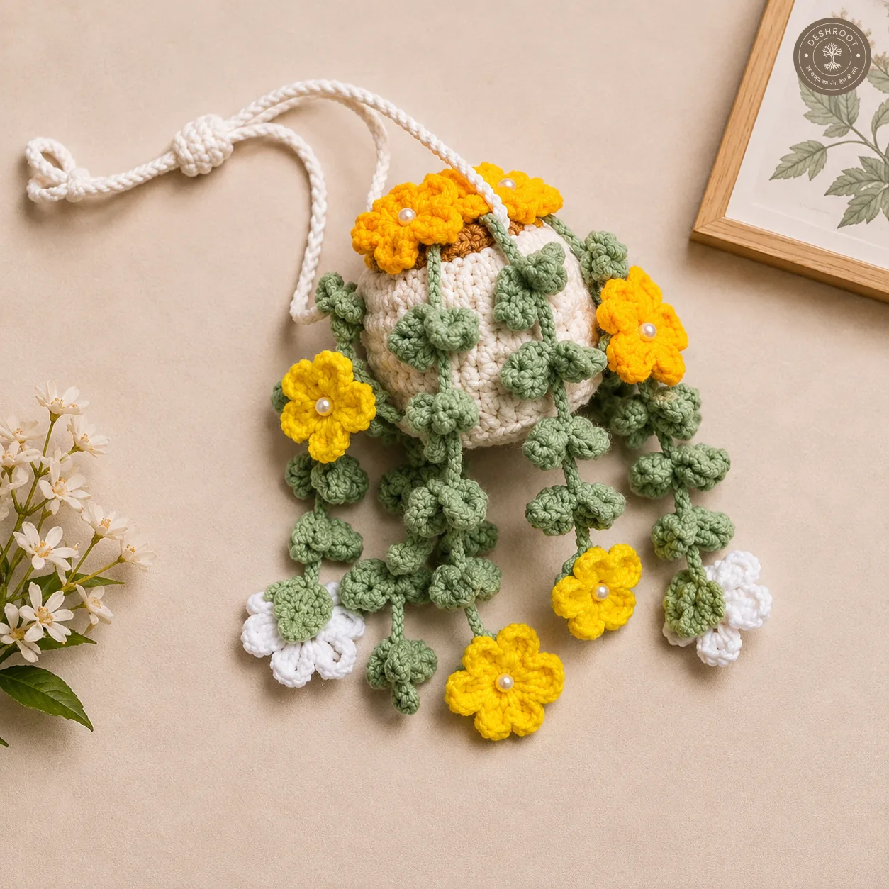 Handcrafted Crochet Hanging Flower Basket – Yellow Floral Vine Design