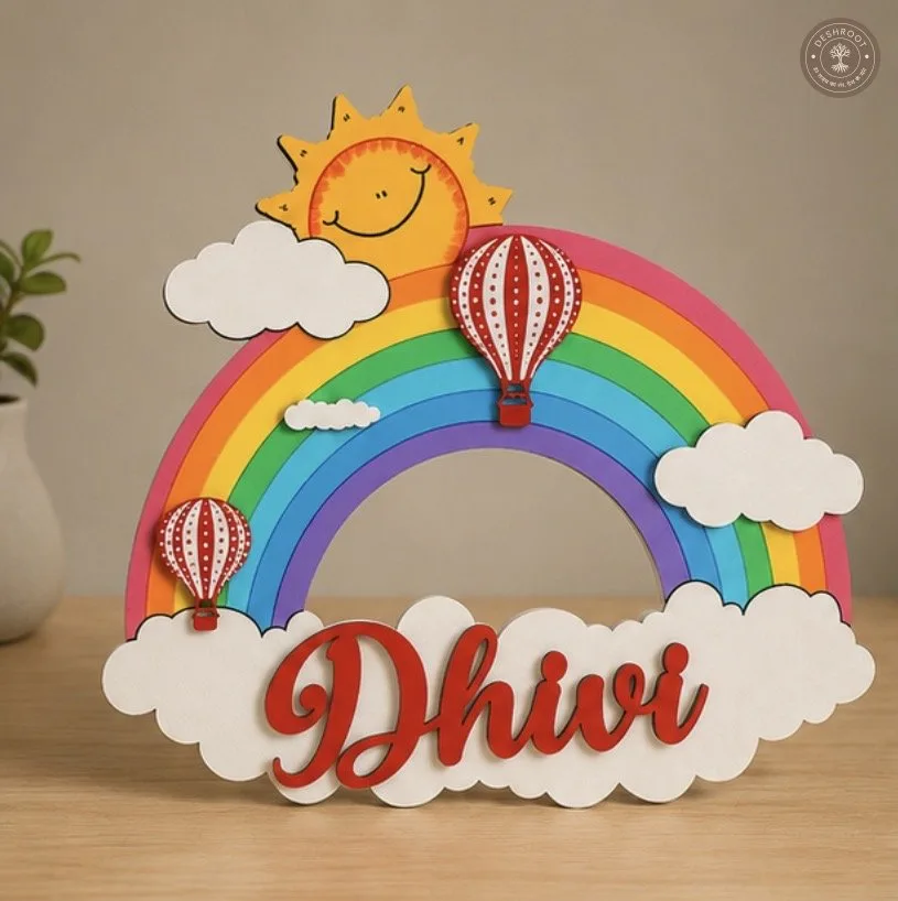 Handcrafted Rainbow & Hot Air Balloon Nameplate