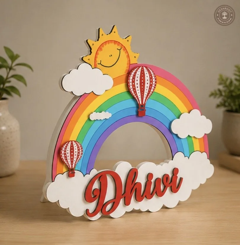 Handcrafted Rainbow & Hot Air Balloon Nameplate