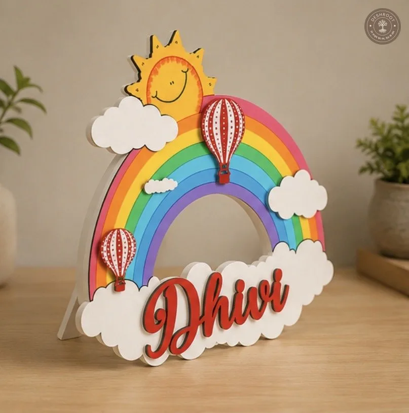 Handcrafted Rainbow & Hot Air Balloon Nameplate
