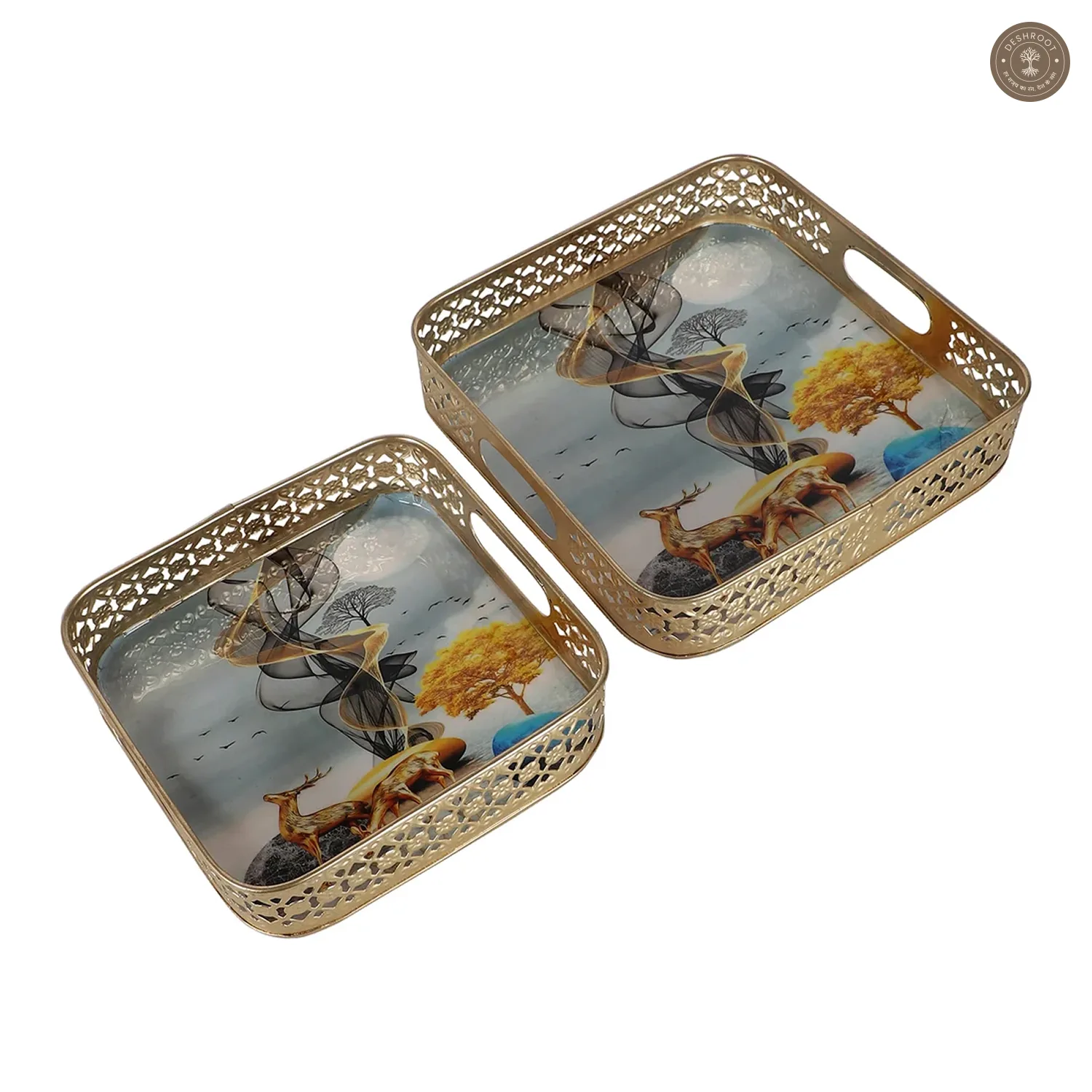 Square Gold Deer Tray Set of 2