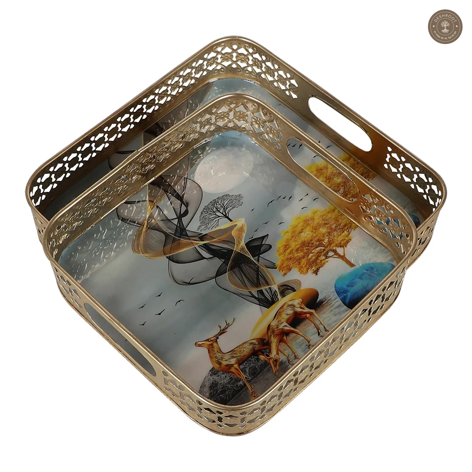Square Gold Deer Tray Set of 2