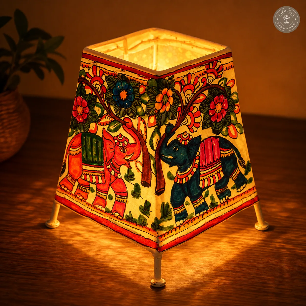 Hand-Painted Elephant & Floral Goat Leather Craft Lamp Shade