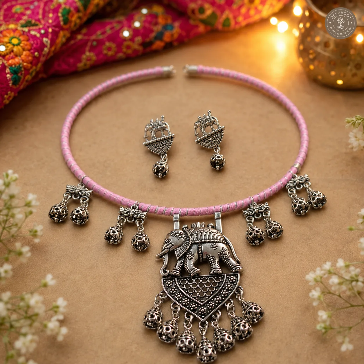 Handcrafted Pink Oxidised Garba Jewellery Set – Traditional Gujarati Elephant Pendant Necklace with Matching Earrings, Dangling Charms & Pink Thread for Navratri & Dandiya