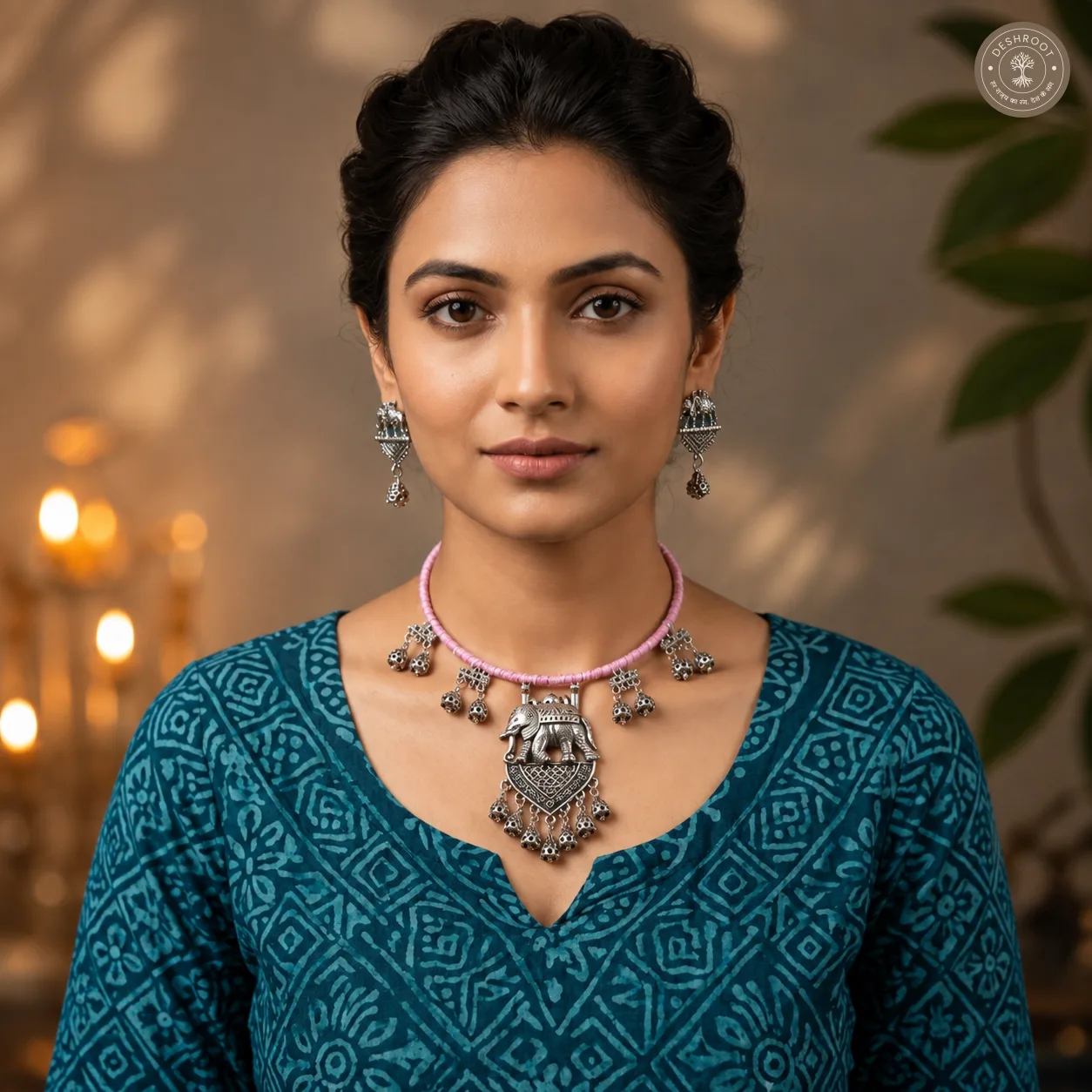 Handcrafted Pink Oxidised Garba Jewellery Set – Traditional Gujarati Elephant Pendant Necklace with Matching Earrings, Dangling Charms & Pink Thread for Navratri & Dandiya