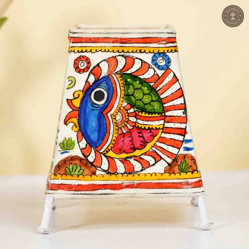 Hand-Painted Traditional Fish Motif Goat Leather Craft Table Lamp