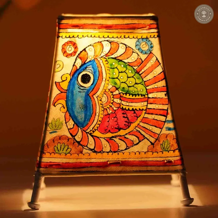 Hand-Painted Traditional Fish Motif Goat Leather Craft Table Lamp