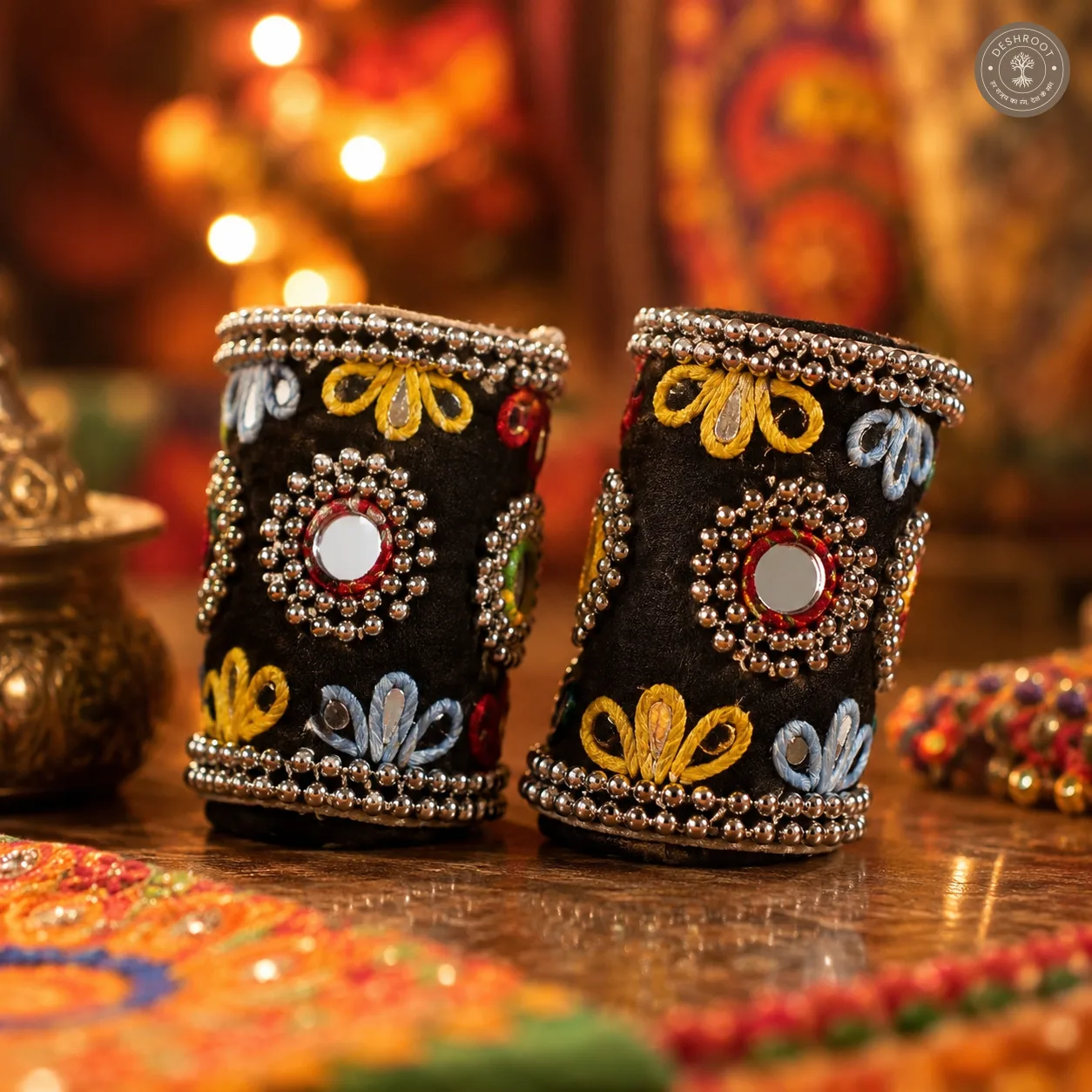 Multicolor Gujarati Garba Style Hand Cuff – Traditional Mirror Work Embroidered Hand Accessory with Beads & Ethnic Detailing for Navratri, Garba & Dandiya