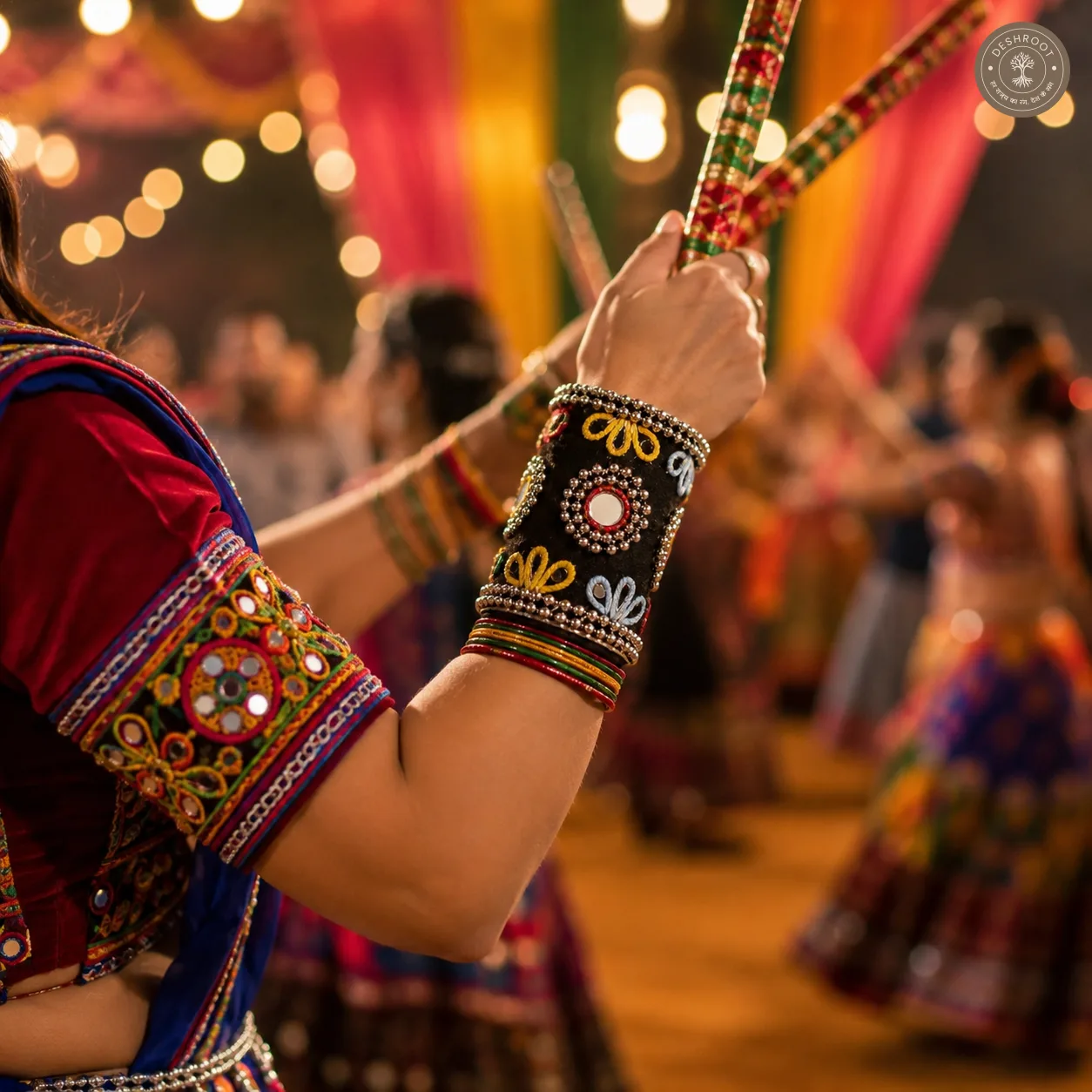 Multicolor Gujarati Garba Style Hand Cuff – Traditional Mirror Work Embroidered Hand Accessory with Beads & Ethnic Detailing for Navratri, Garba & Dandiya