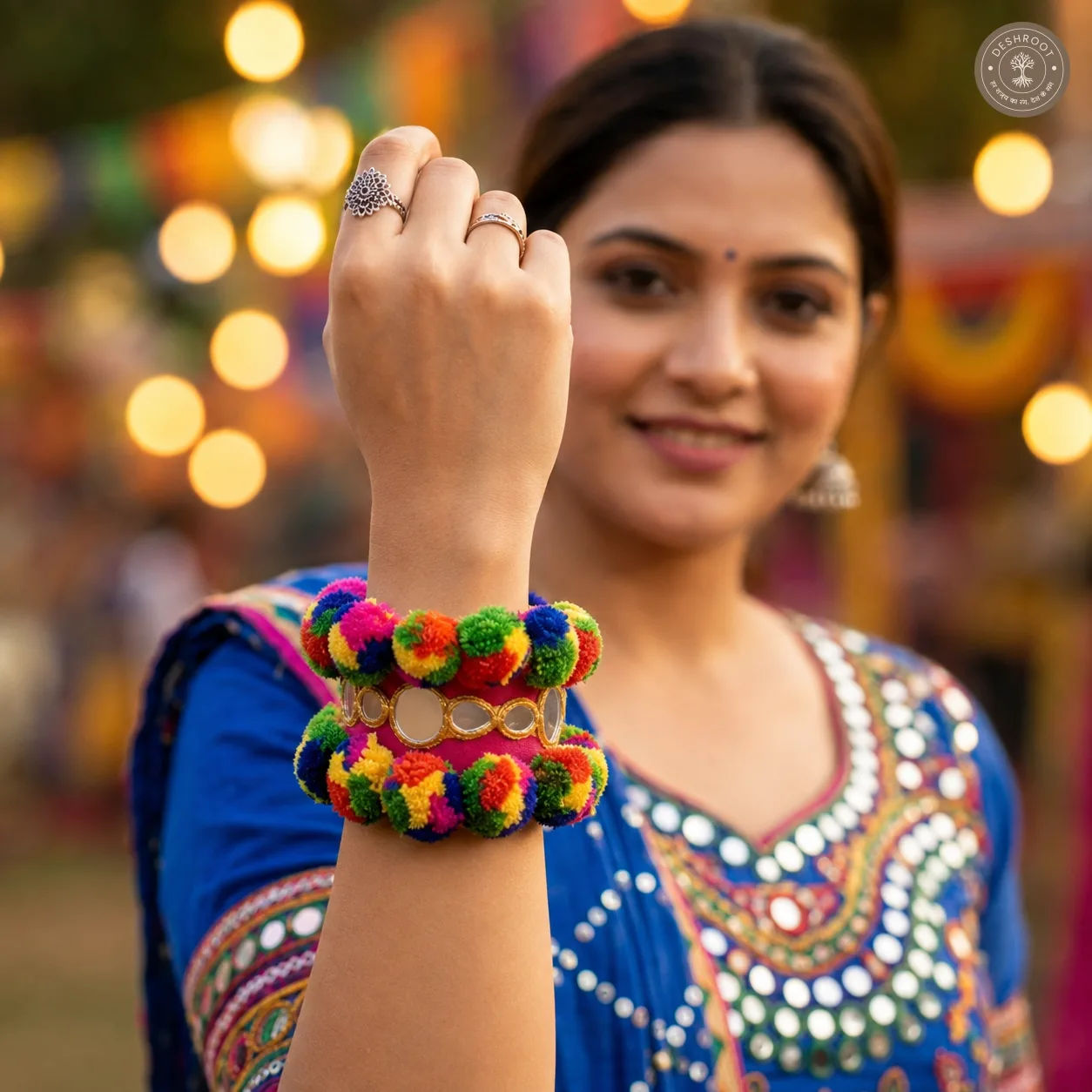 Multicolor Mirror Work Garba Hand Cuff – Traditional Gujarati Handcrafted Embroidered Bracelet with Pom-Poms & Silver Bead Detailing for Navratri, Garba & Dandiya