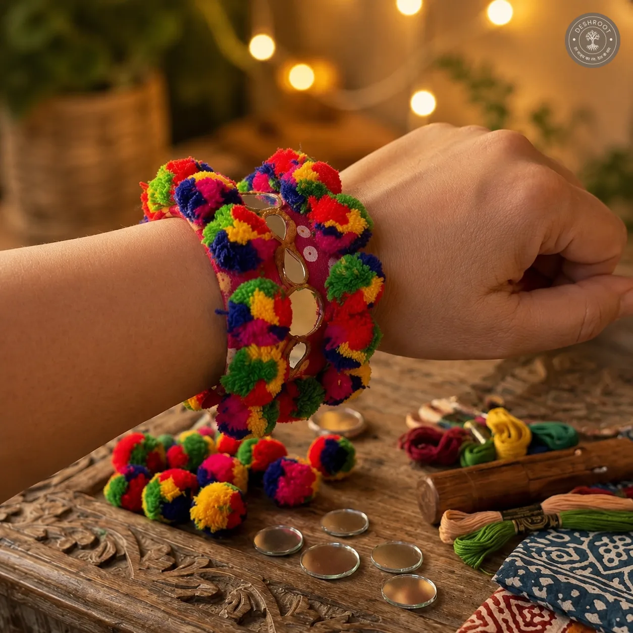 Multicolor Mirror Work Garba Hand Cuff – Traditional Gujarati Handcrafted Embroidered Bracelet with Pom-Poms & Silver Bead Detailing for Navratri, Garba & Dandiya