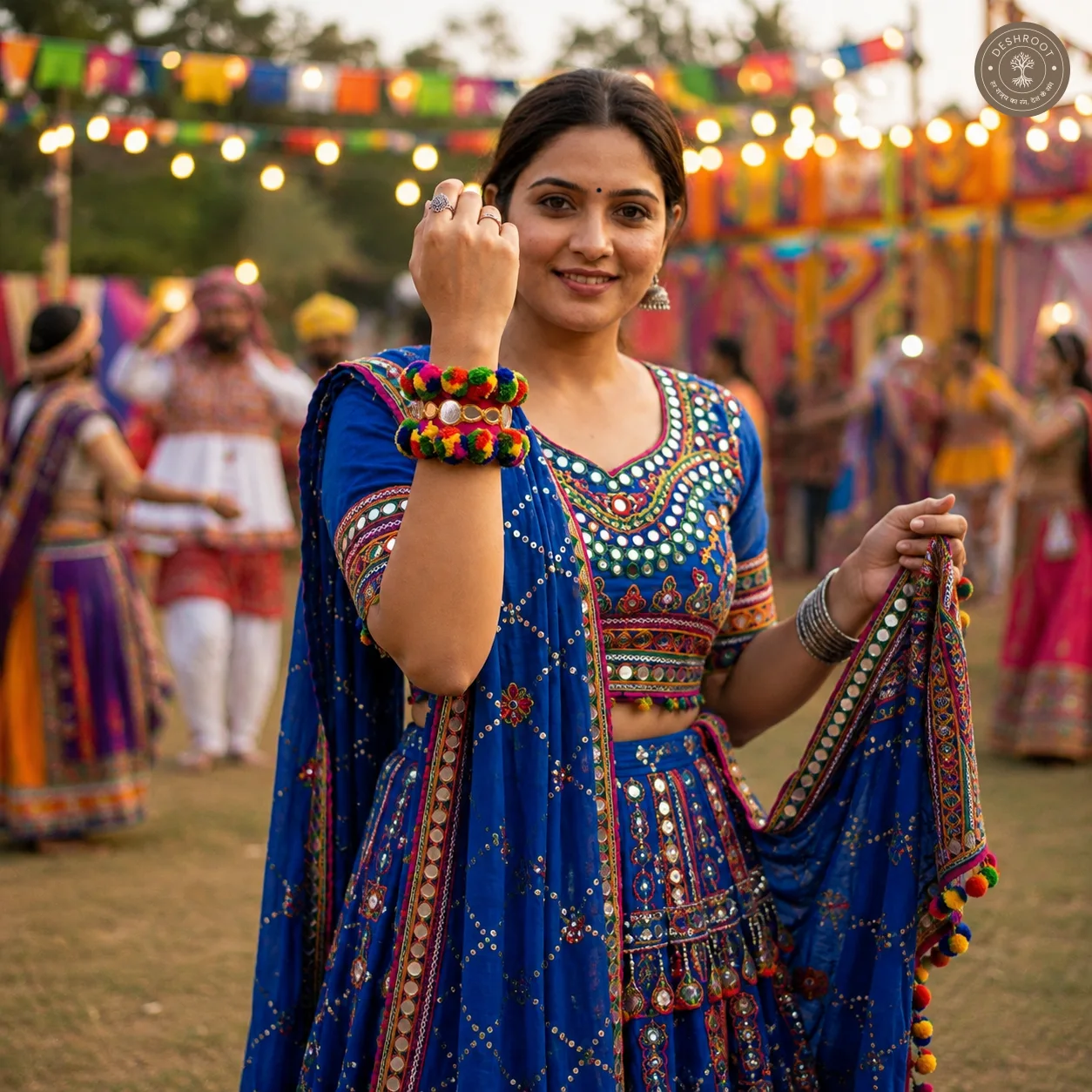 Multicolor Mirror Work Garba Hand Cuff – Traditional Gujarati Handcrafted Embroidered Bracelet with Pom-Poms & Silver Bead Detailing for Navratri, Garba & Dandiya