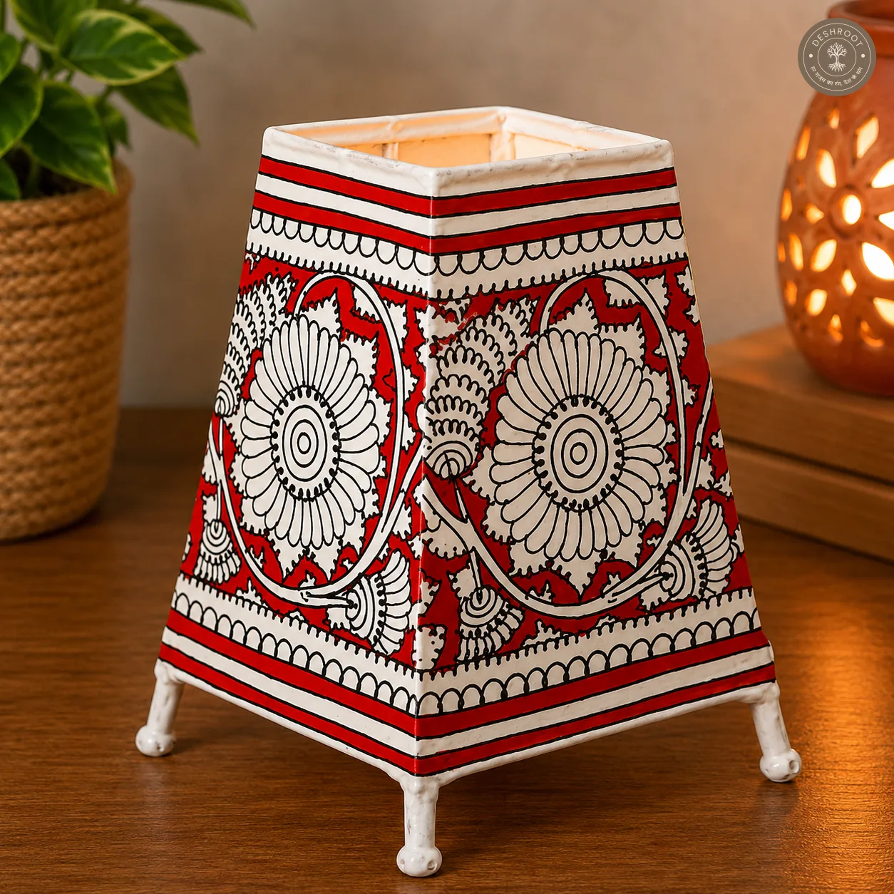 Hand-Painted Floral Motif Goat Leather Craft Table Lamp