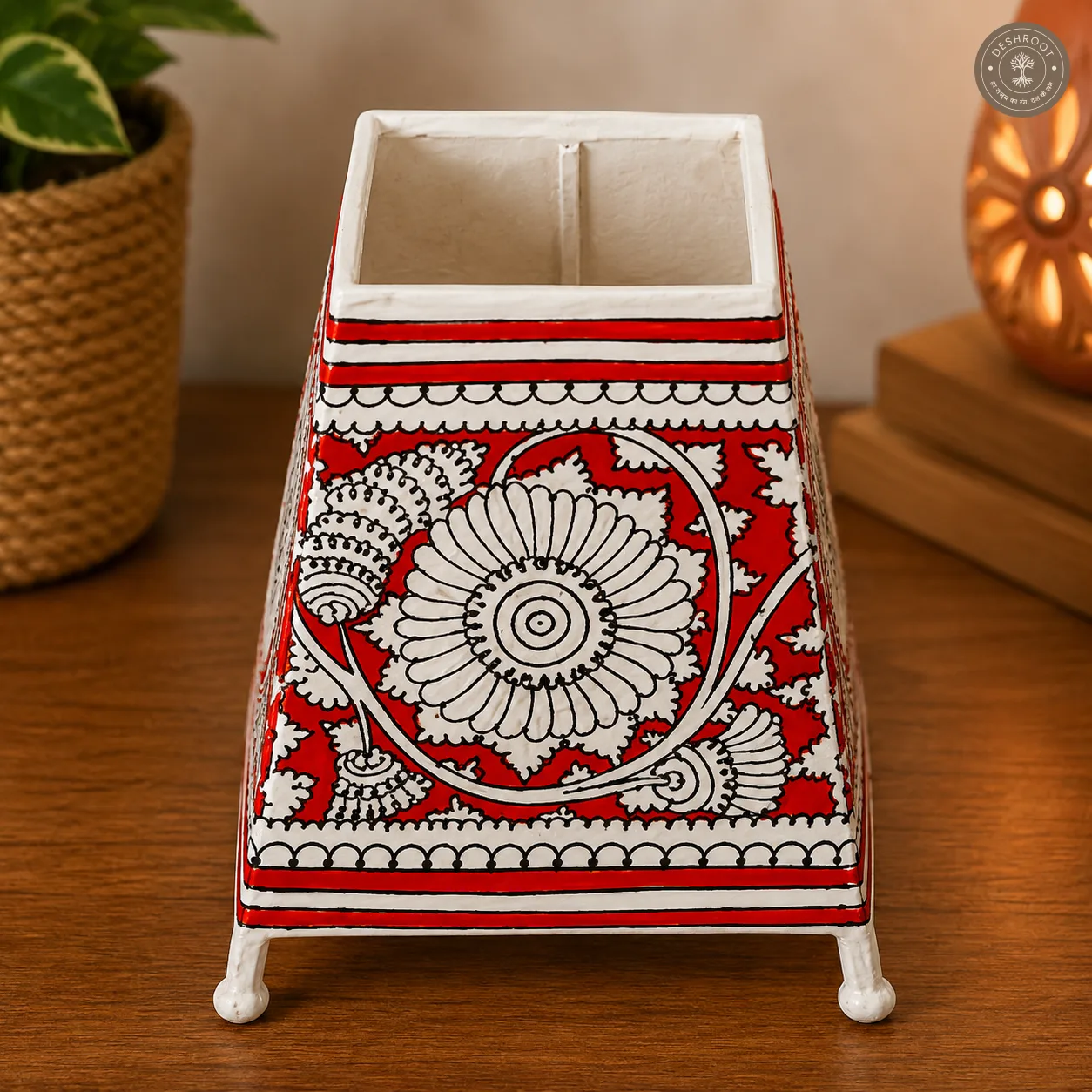 Hand-Painted Floral Motif Goat Leather Craft Table Lamp