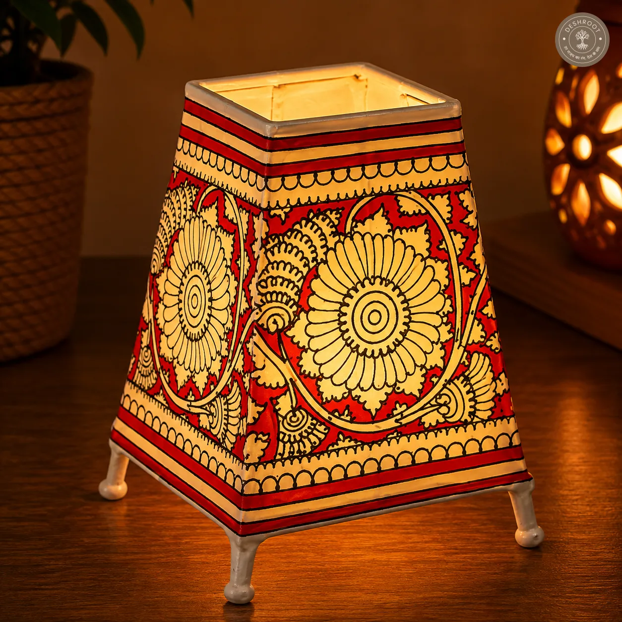 Hand-Painted Floral Motif Goat Leather Craft Table Lamp