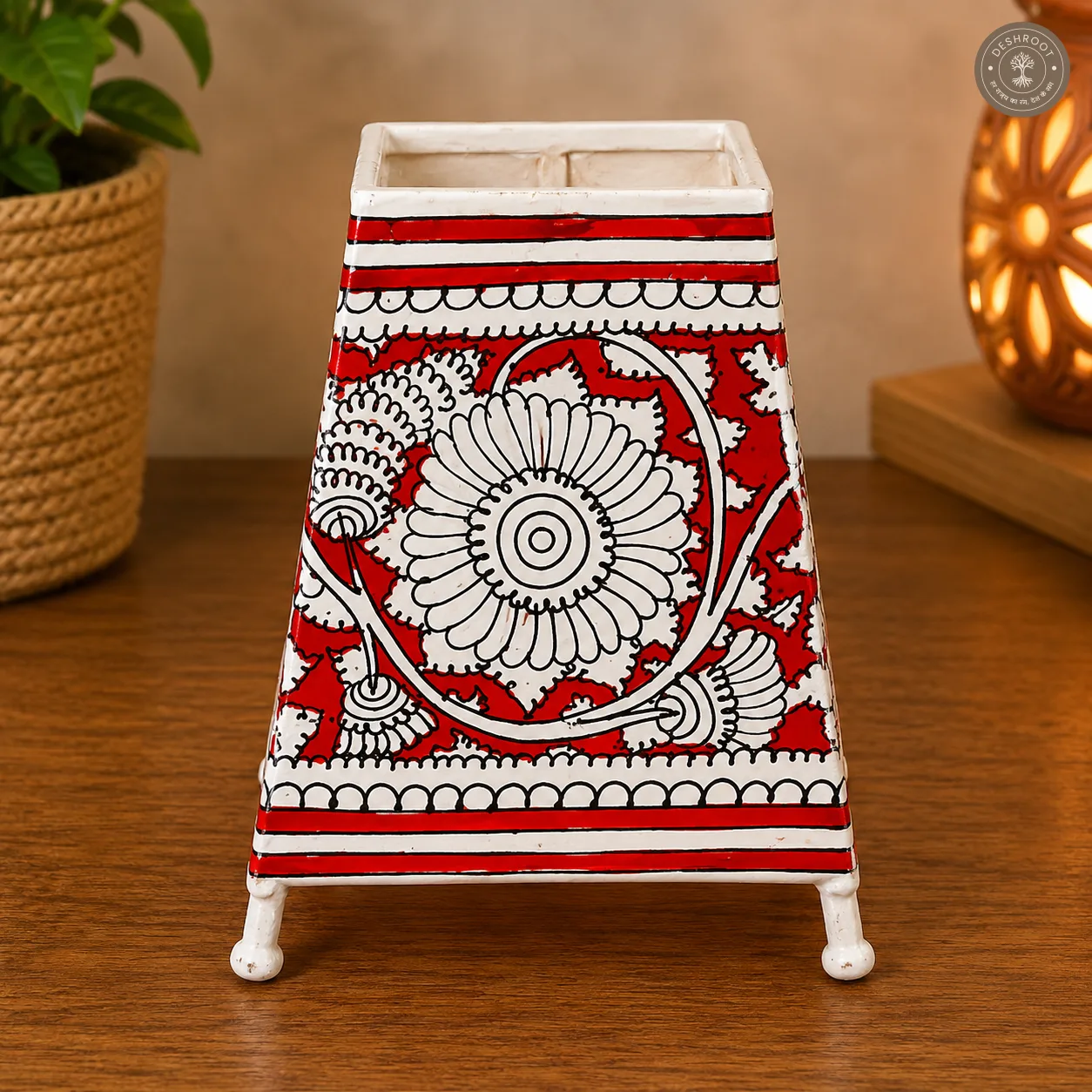 Hand-Painted Floral Motif Goat Leather Craft Table Lamp