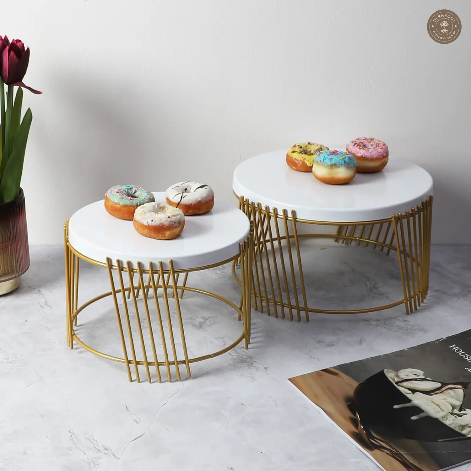 White & Gold Round Striped Buffet Platter Set of 2