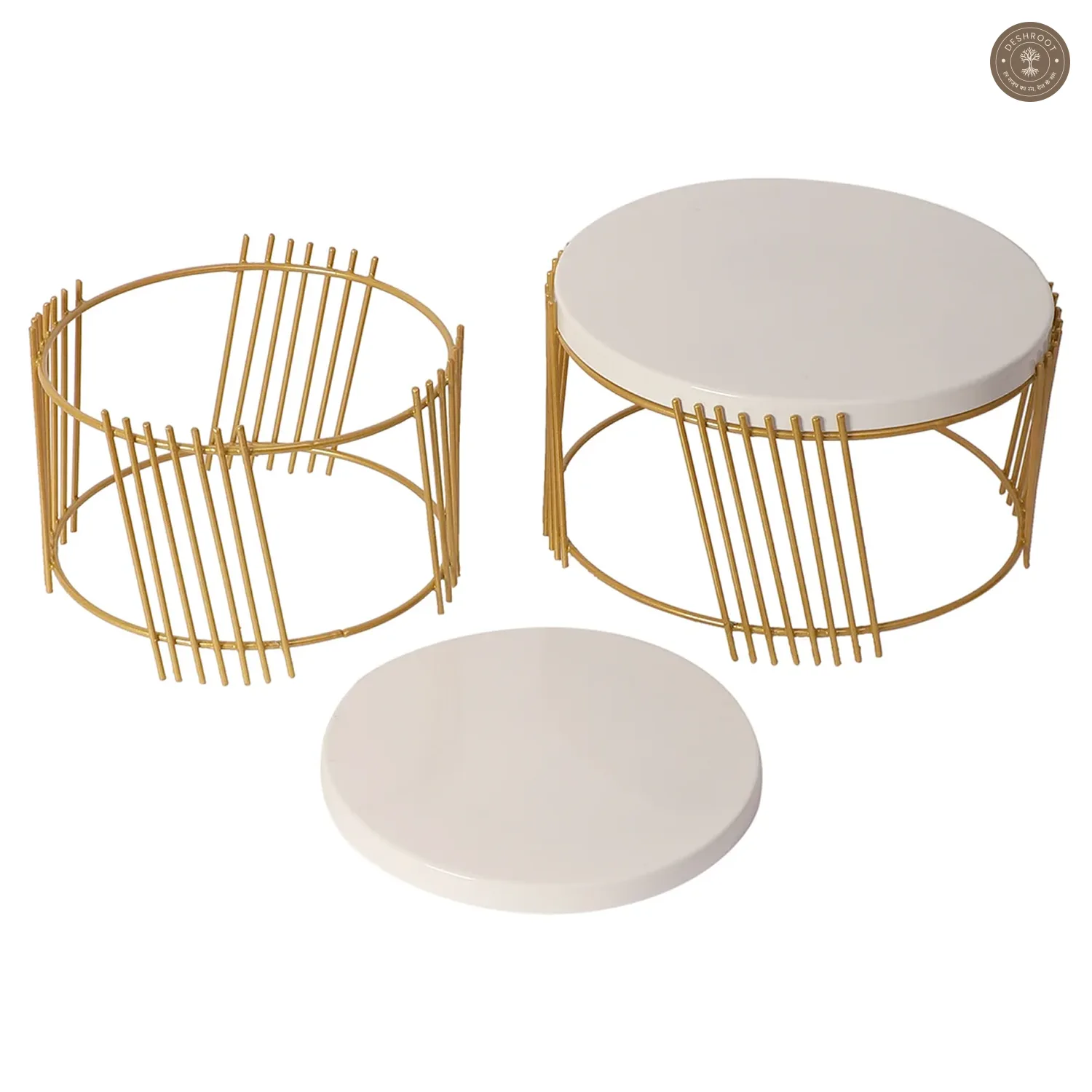 White & Gold Round Striped Buffet Platter Set of 2
