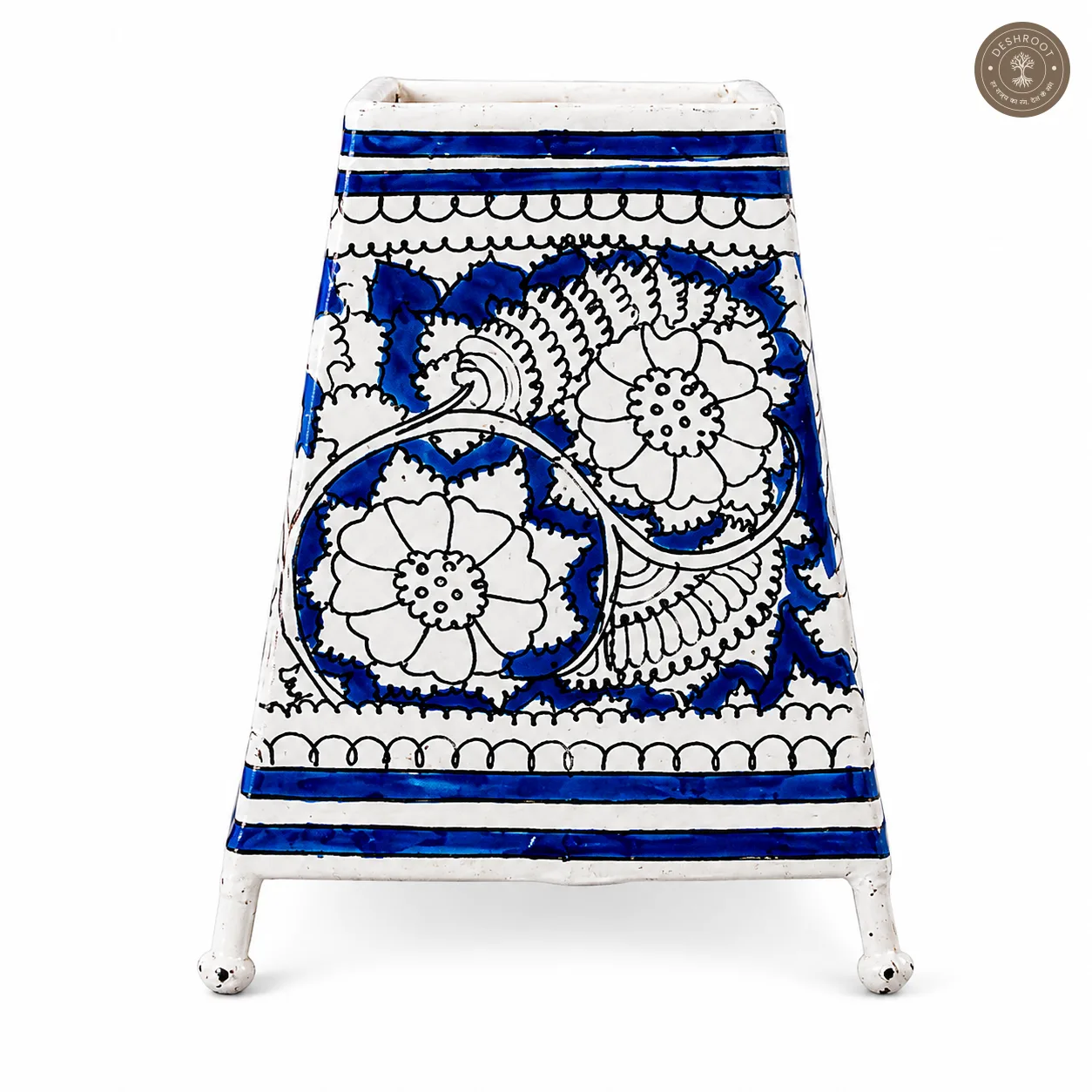 Hand-Painted Blue Floral Goat Leather Craft Table Lamp