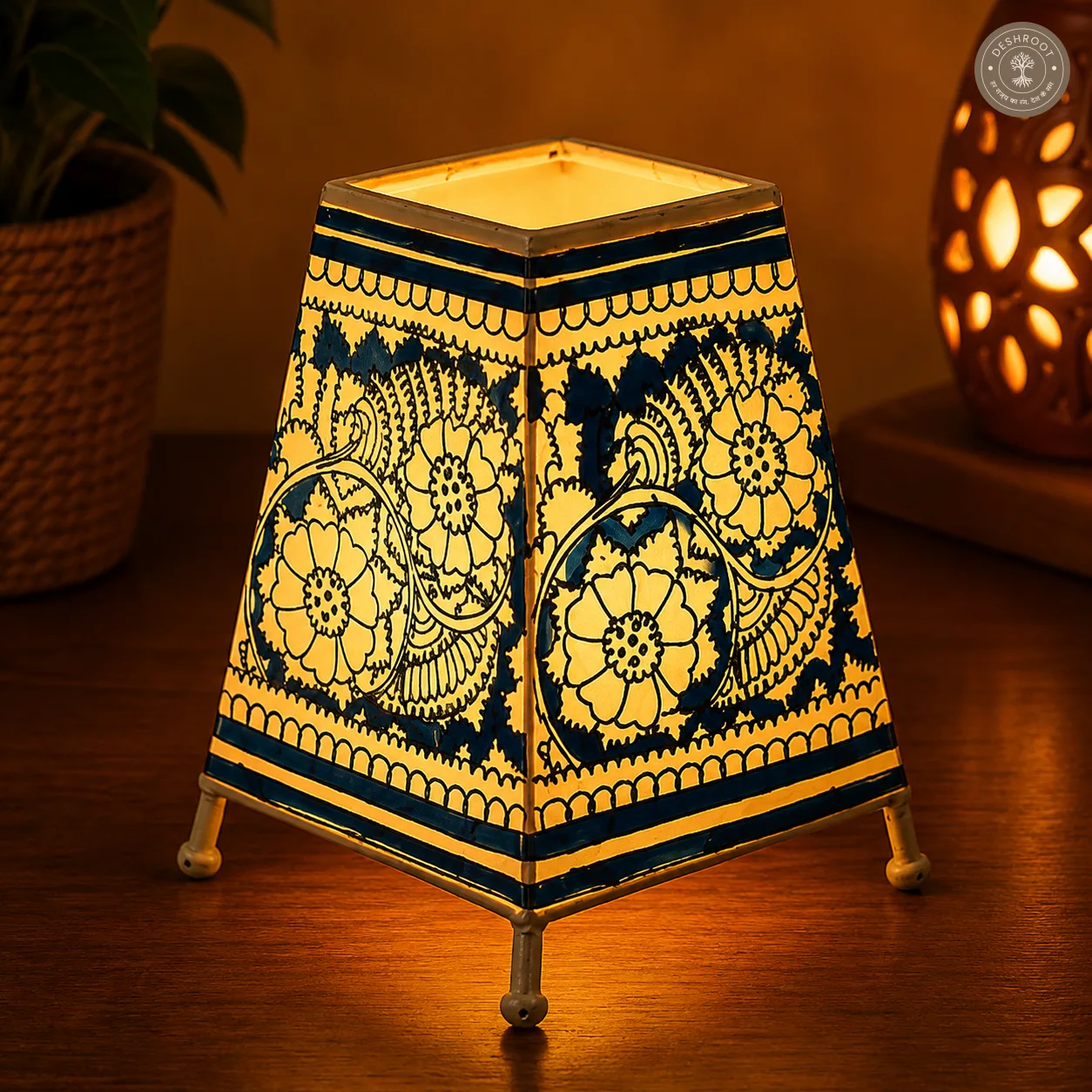 Hand-Painted Blue Floral Goat Leather Craft Table Lamp