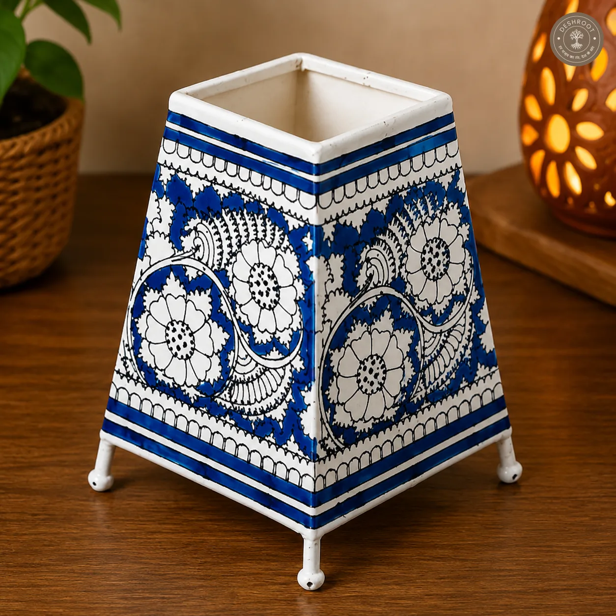 Hand-Painted Blue Floral Goat Leather Craft Table Lamp