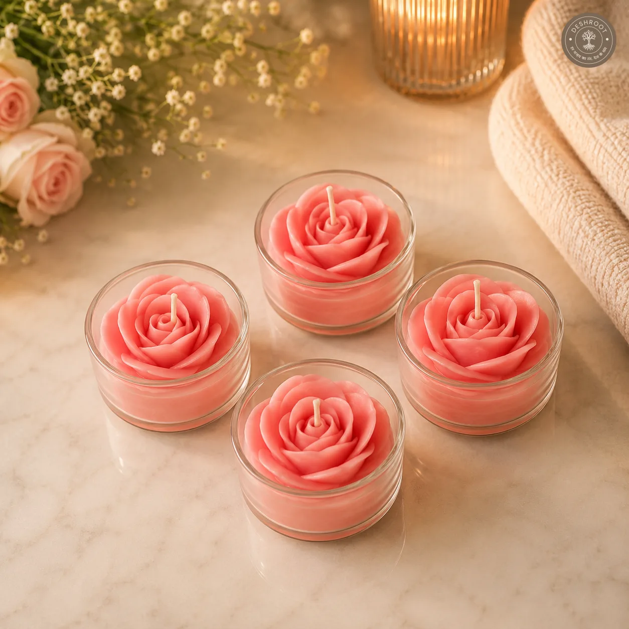 Handcrafted Rose Blossom Votive Candle Set – Set of 4