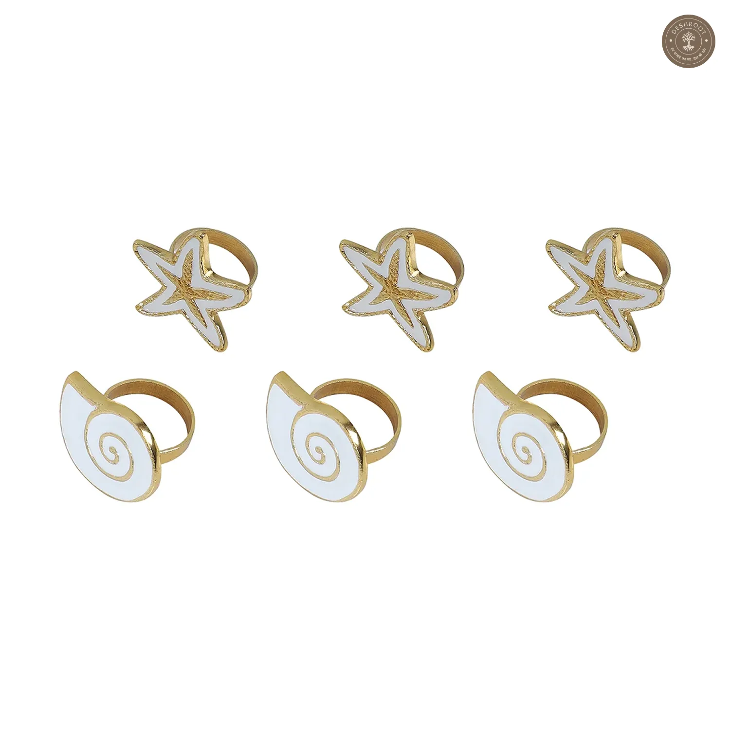 White & Gold Star Napkin RIng Set of 6