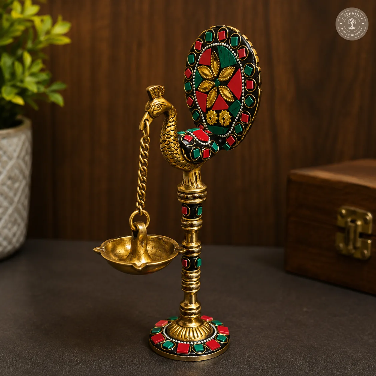 Handcrafted Brass Peacock Diya Stand Set of 2 with Hanging Lamps & Decorative Mirror Work