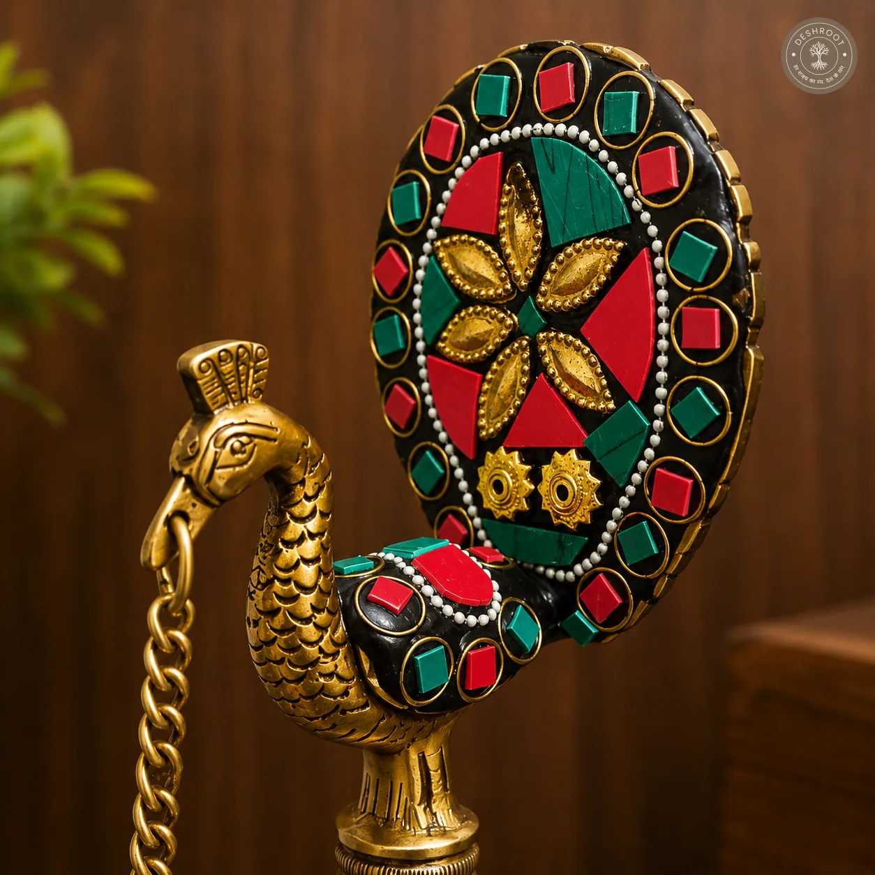 Handcrafted Brass Peacock Diya Stand Set of 2 with Hanging Lamps & Decorative Mirror Work