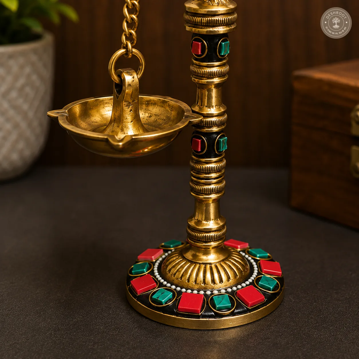 Handcrafted Brass Peacock Diya Stand Set of 2 with Hanging Lamps & Decorative Mirror Work