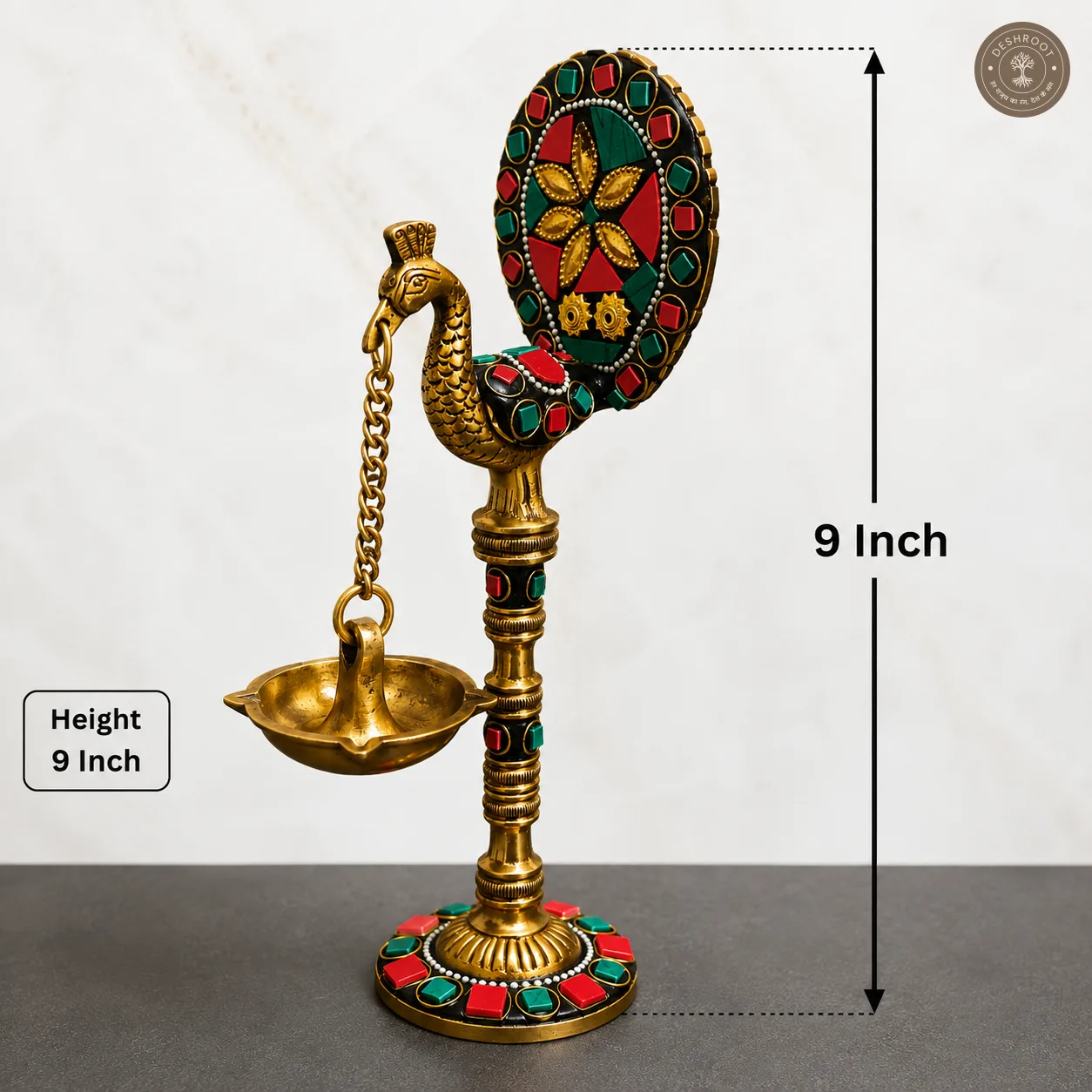Handcrafted Brass Peacock Diya Stand Set of 2 with Hanging Lamps & Decorative Mirror Work