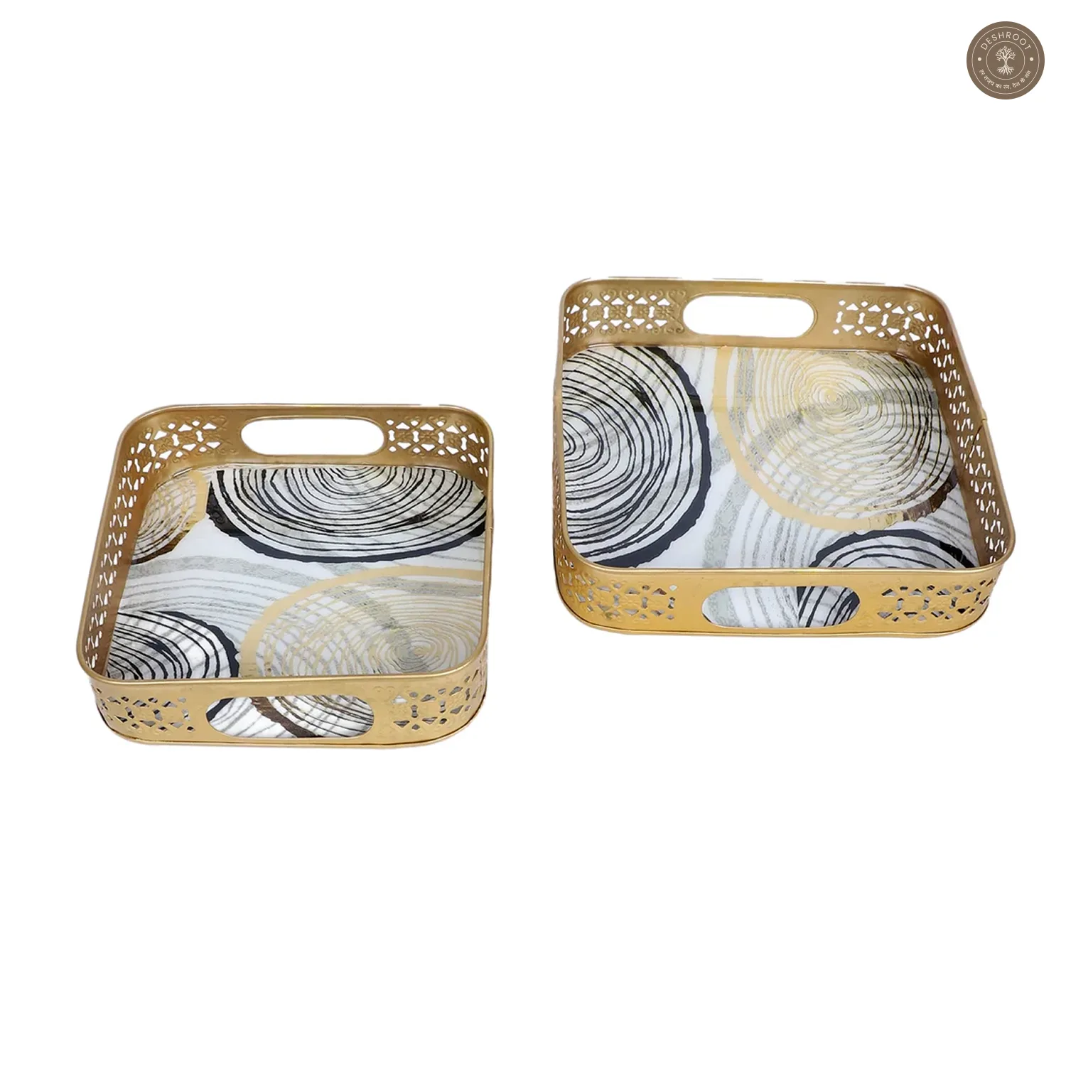 Black & Gold Ring Deisgn Tray Set of 2