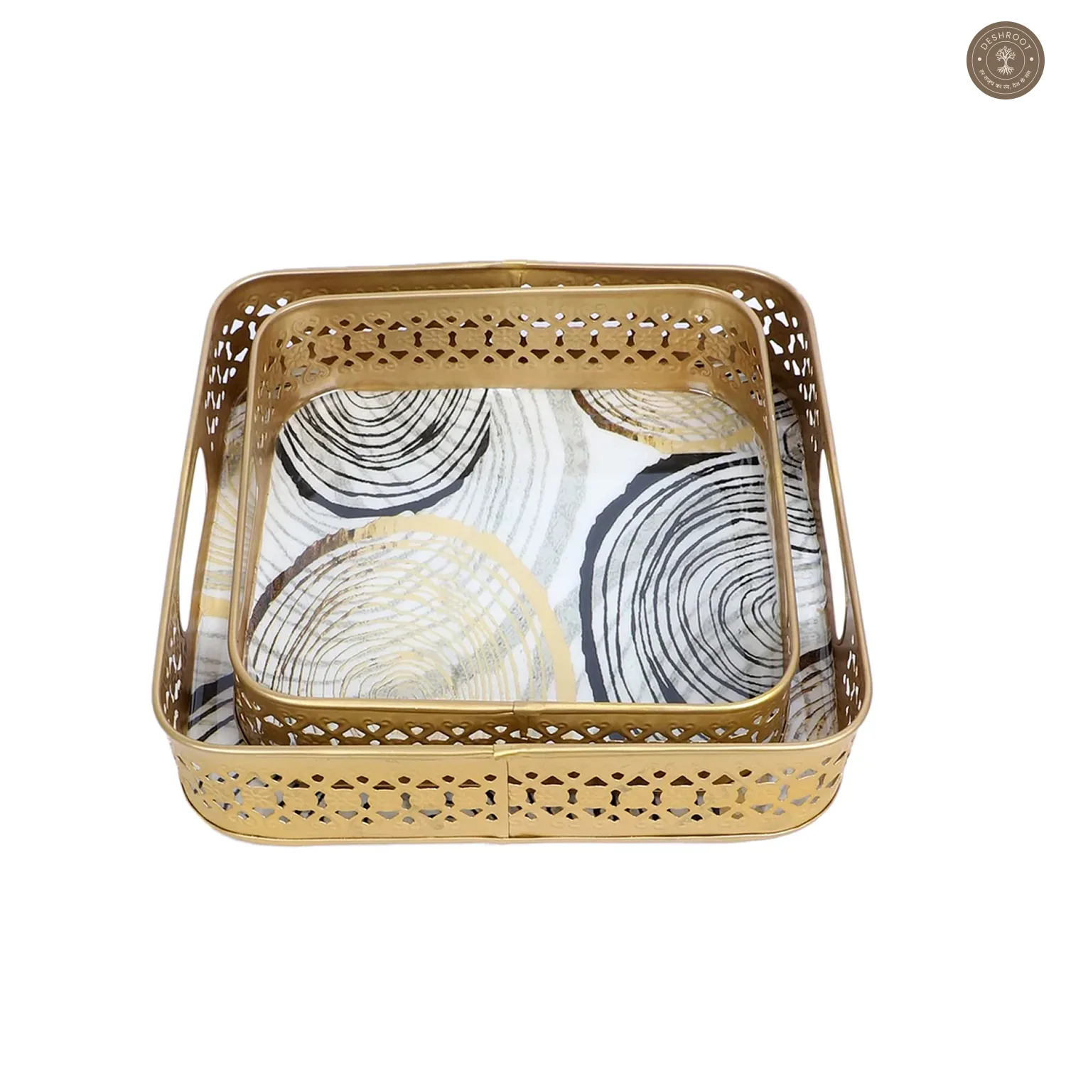 Black & Gold Ring Deisgn Tray Set of 2