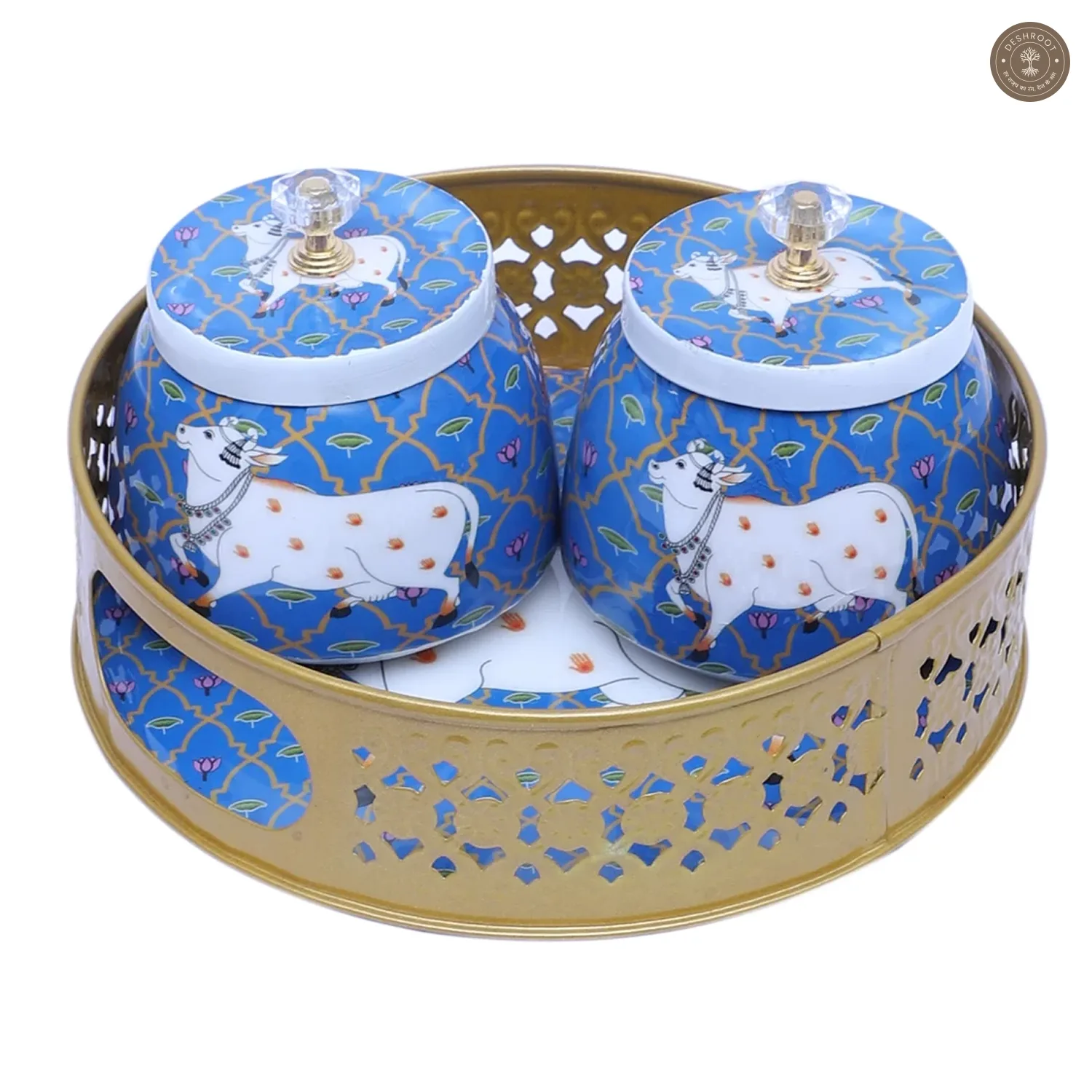 Blue & White Cow Round Basket With Jar Set of 3