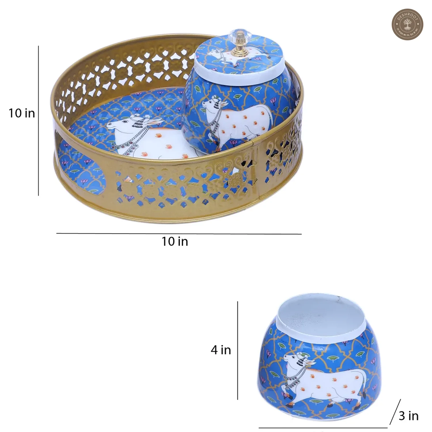 Blue & White Cow Round Basket With Jar Set of 3