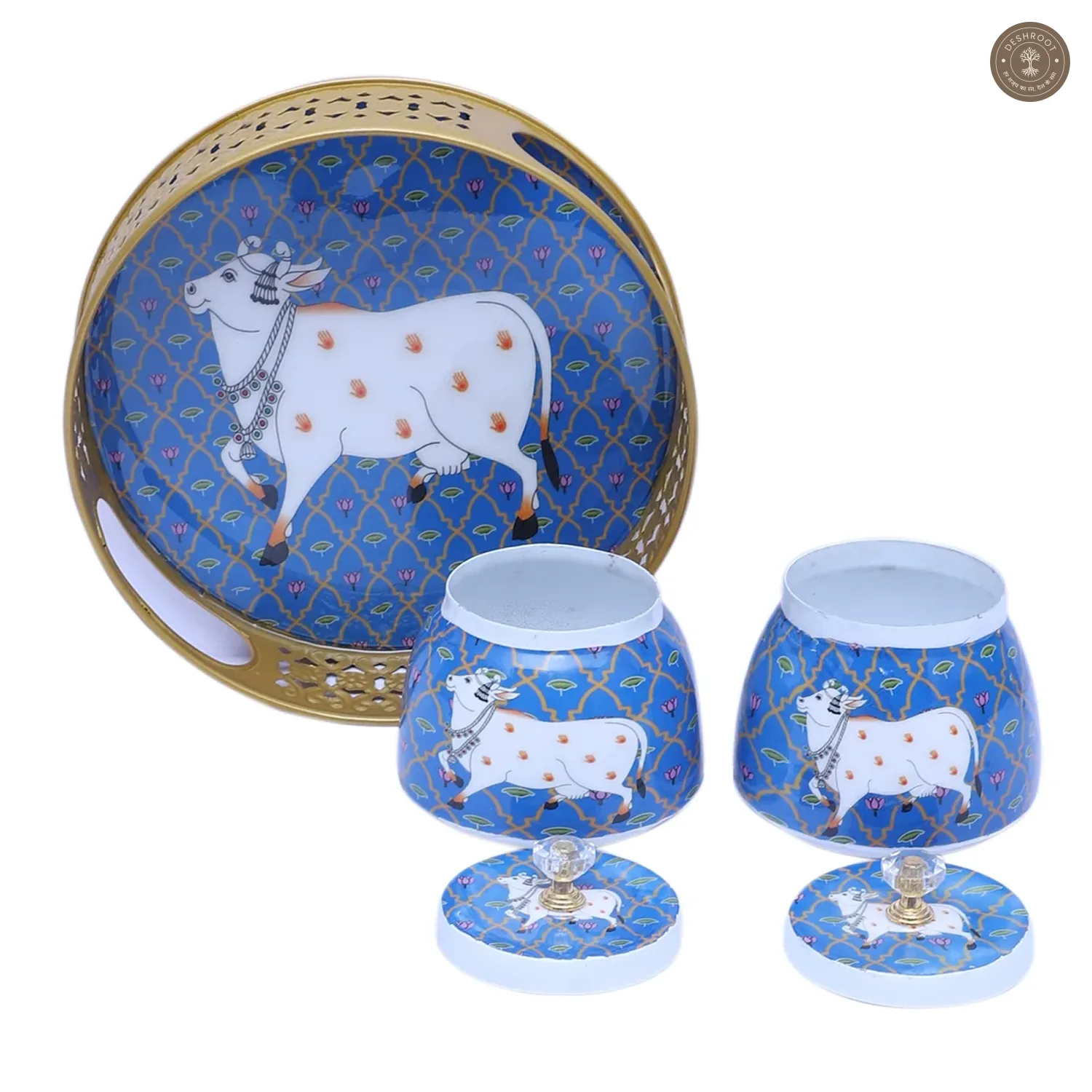Blue & White Cow Round Basket With Jar Set of 3